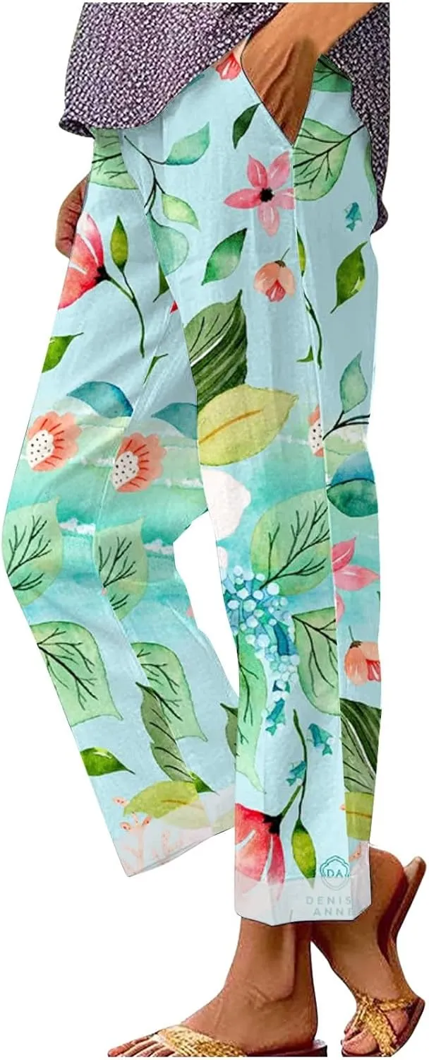 LCMTWX Women's Summer Casual Linen Pants and Linen Casual Pants Casual Loose Drawstring Beach Pants for Women White Pants