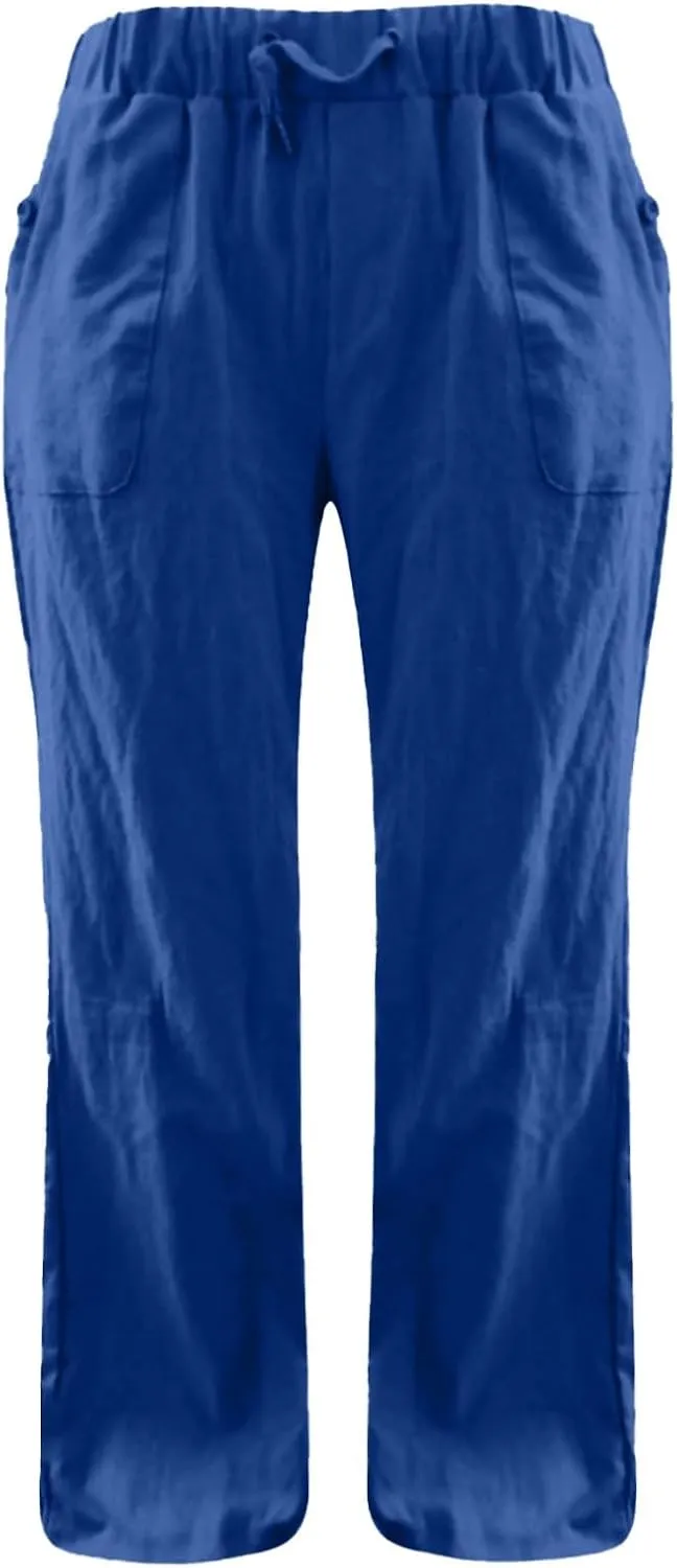 Linen Pants for Women Solid Elastic Pants Long Drawstring Linen Women Waist Summer Vacation High Waist Wide Leg