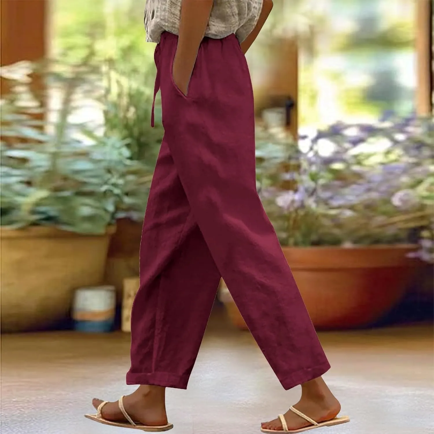 Linen Pants Women Harem Pant Casual Lightweight Palazzo Straight Leg Loose Elastic Waist Drawstring with Pockets