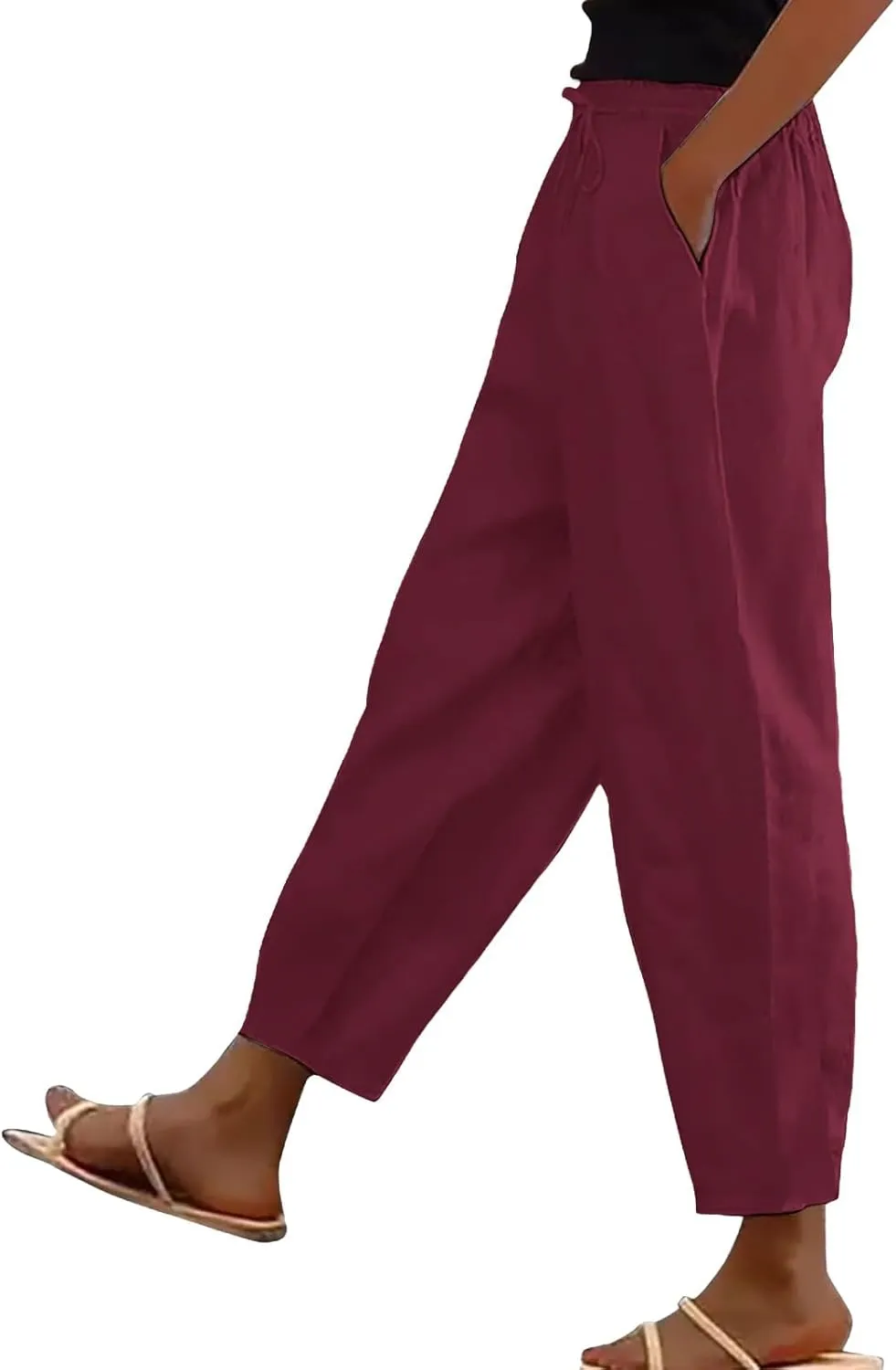 Linen Pants Women Harem Pant Casual Lightweight Palazzo Straight Leg Loose Elastic Waist Drawstring with Pockets