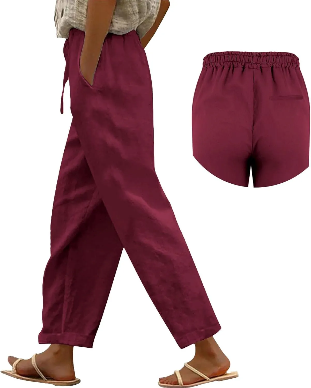 Linen Pants Women Harem Pant Casual Lightweight Palazzo Straight Leg Loose Elastic Waist Drawstring with Pockets