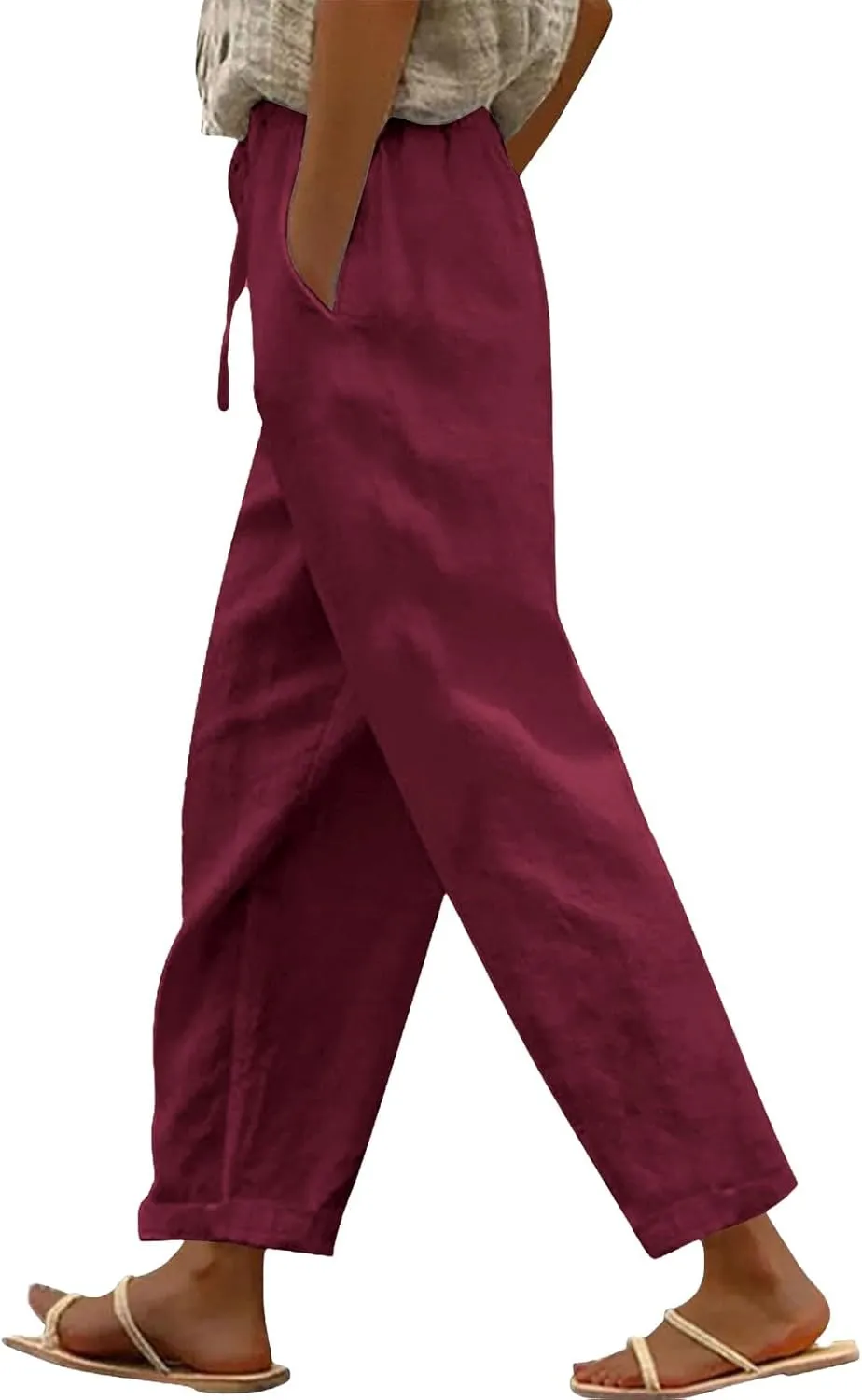 Linen Pants Women Harem Pant Casual Lightweight Palazzo Straight Leg Loose Elastic Waist Drawstring with Pockets