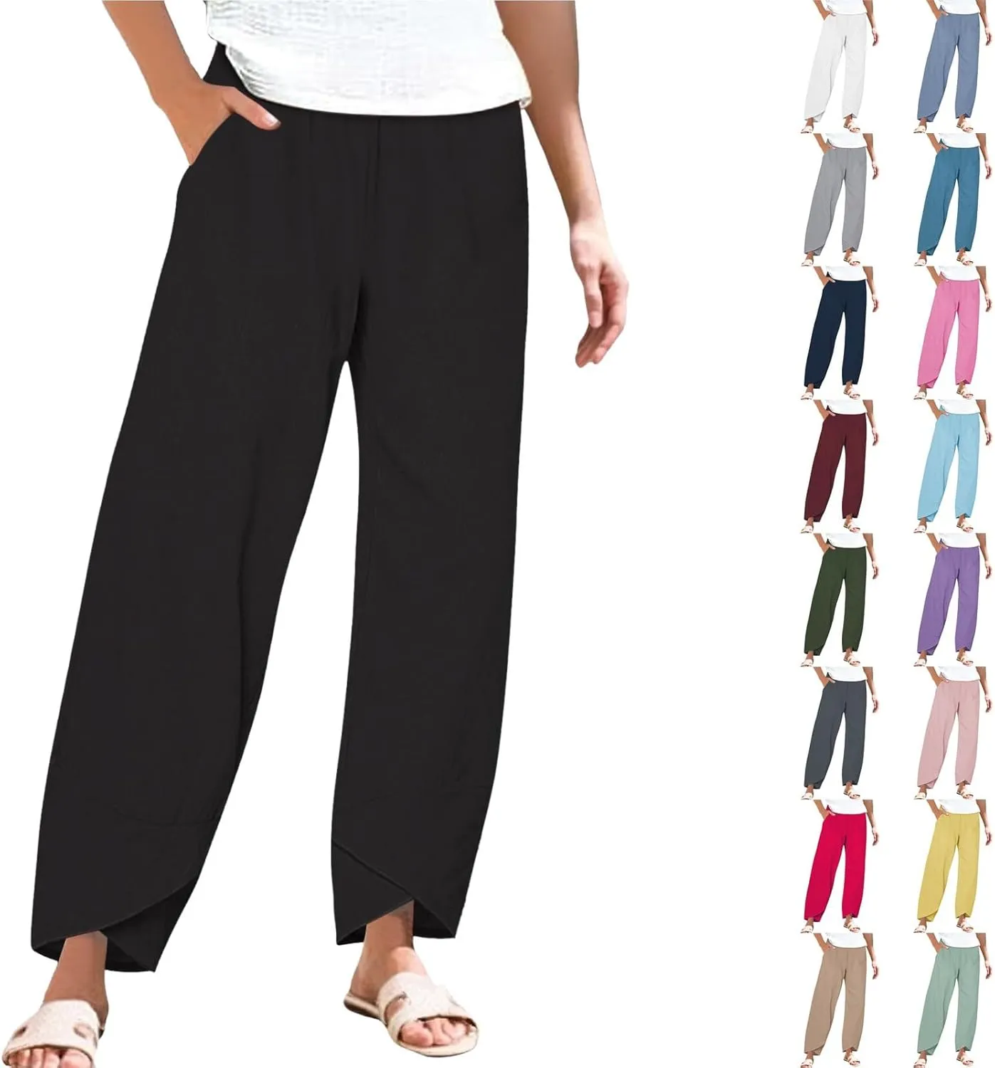 Linen Pants Women Petite Casual Summer Vacation Lightweight Elastic Waist Capris Comfy Loose Fit Wide Leg Trousers