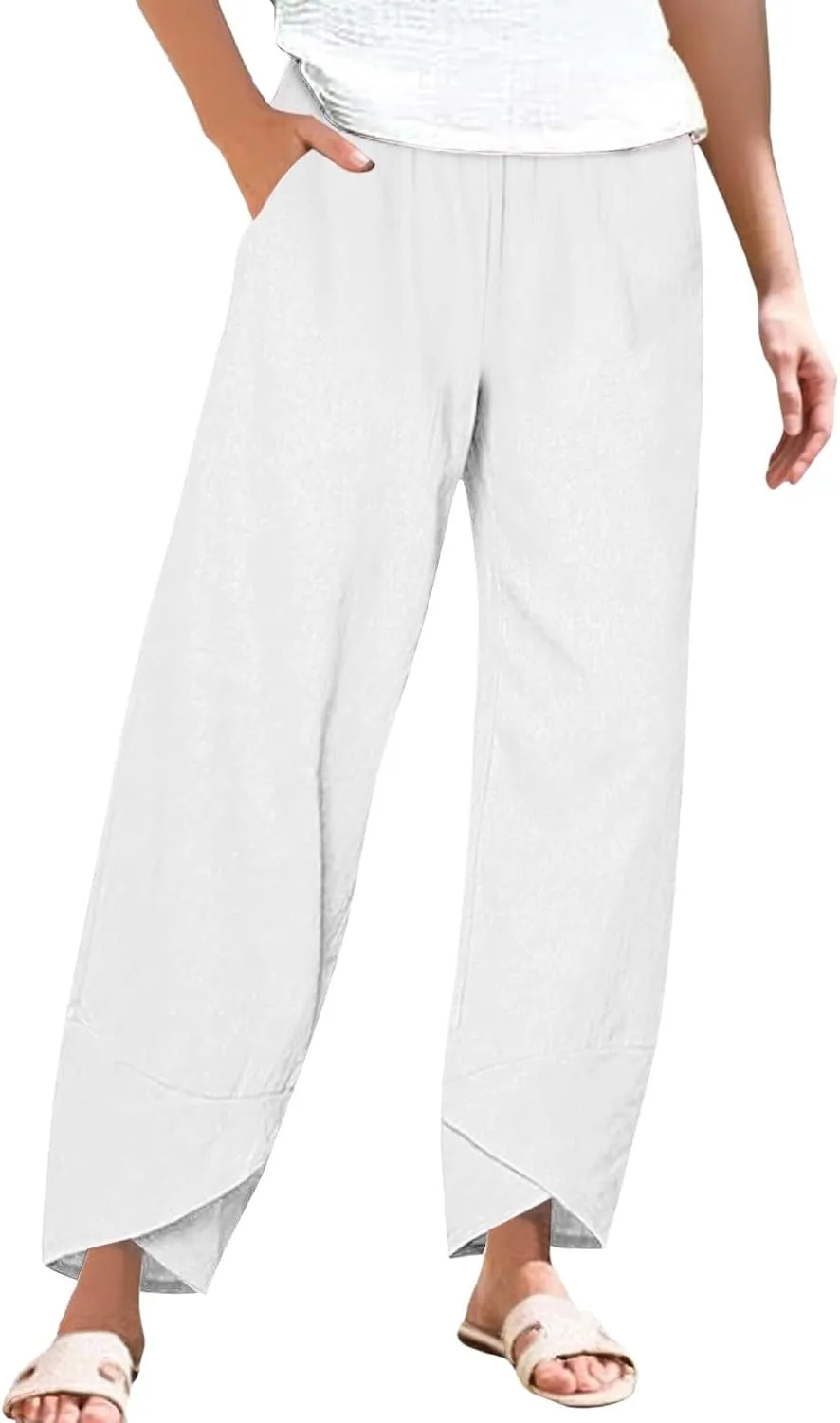 Linen Pants Women Petite Casual Summer Vacation Lightweight Elastic Waist Capris Comfy Loose Fit Wide Leg Trousers
