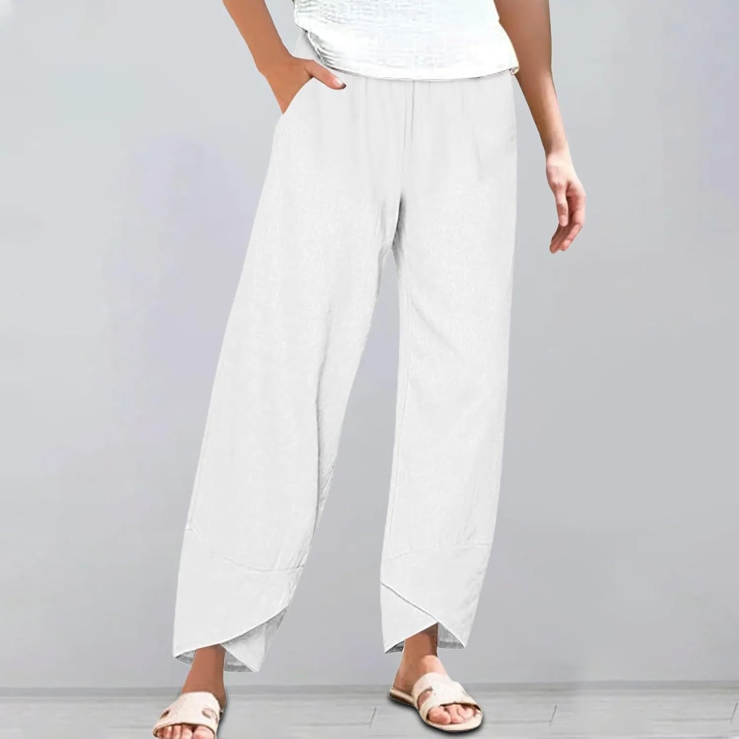 Linen Pants Women Petite Casual Summer Vacation Lightweight Elastic Waist Capris Comfy Loose Fit Wide Leg Trousers