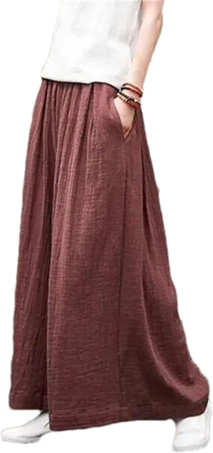 Linen Pants Women Wide Leg Plus Size Casual Vintage Trousers Elastic Waist Drawstrings with Side Pockets
