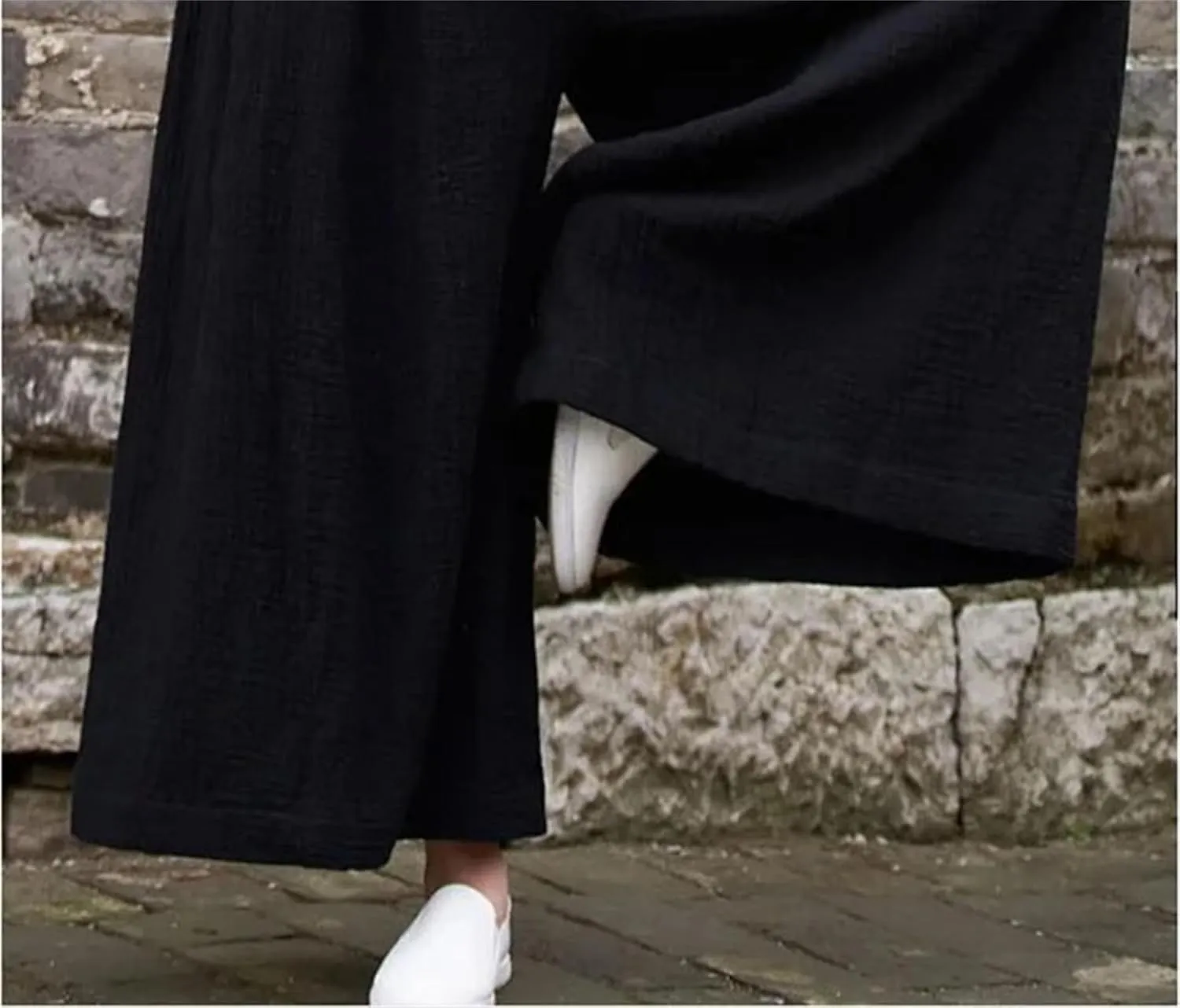 Linen Pants Women Wide Leg Plus Size Casual Vintage Trousers Elastic Waist Drawstrings with Side Pockets