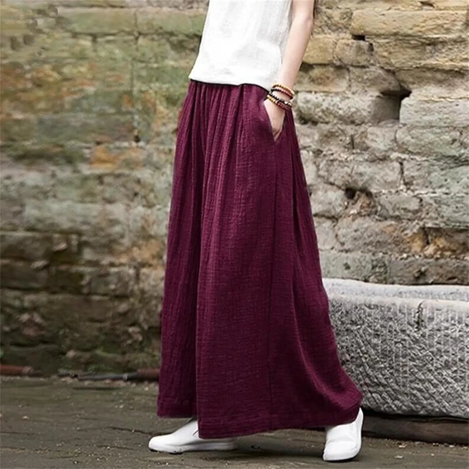 Linen Pants Women Wide Leg Plus Size Casual Vintage Trousers Elastic Waist Drawstrings with Side Pockets