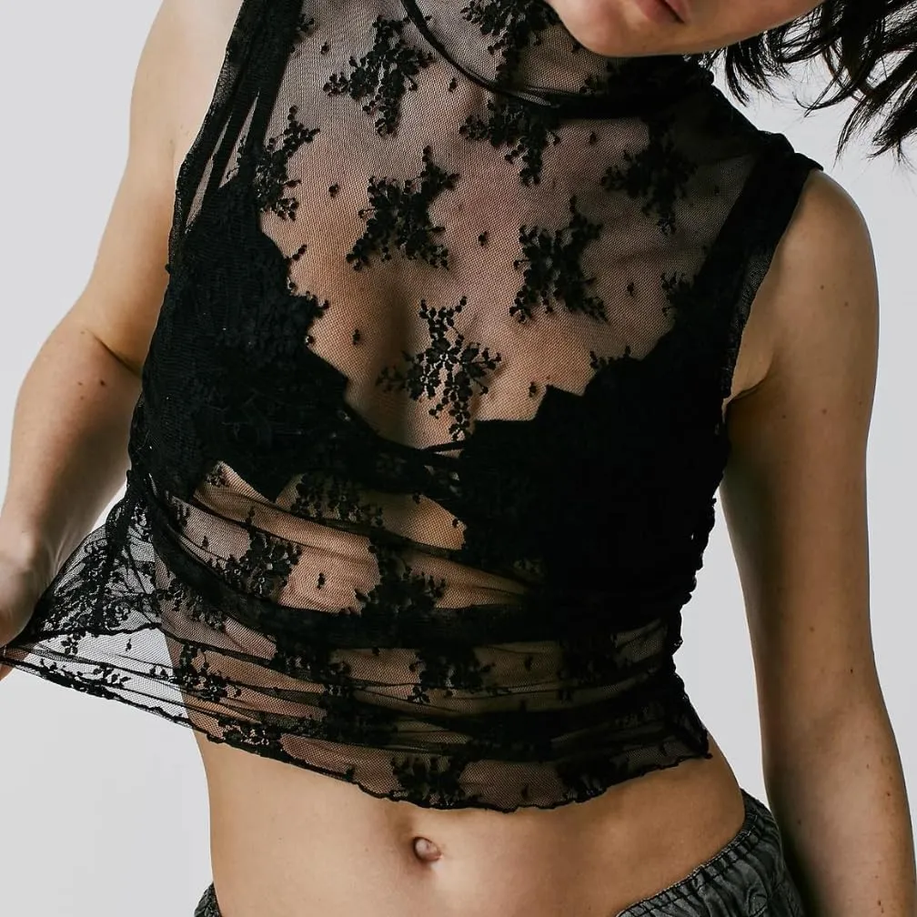 LOFAAC Women Floral Lace Sheer Mesh Crop Tank Top Mock Neck Sleeveless See Through Ruched Side Layering Crop Top Party