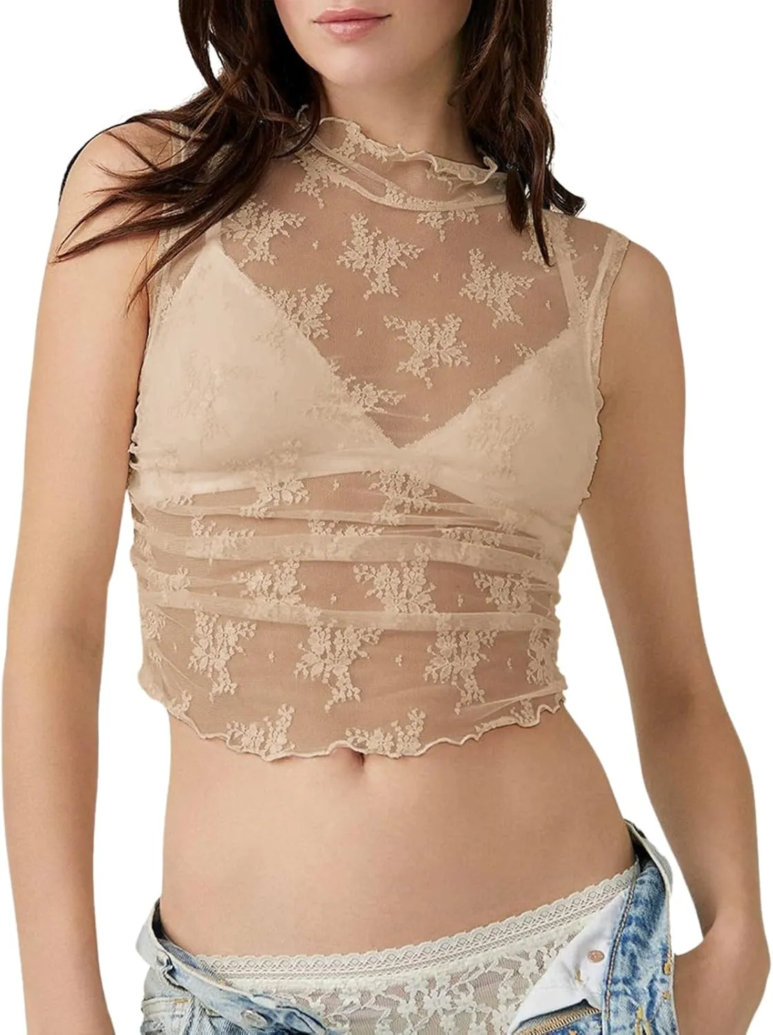 LOFAAC Women Floral Lace Sheer Mesh Crop Tank Top Mock Neck Sleeveless See Through Ruched Side Layering Crop Top Party