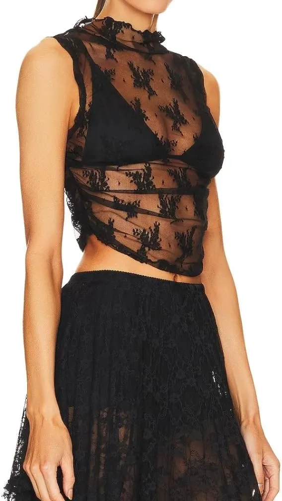 LOFAAC Women Floral Lace Sheer Mesh Crop Tank Top Mock Neck Sleeveless See Through Ruched Side Layering Crop Top Party