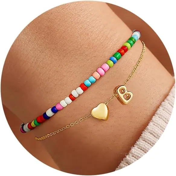 M MOOHAM Layered Initial Bracelets for Women - Gold Heart Initial Bracelet for Women Colorful Beaded Bracelet 14K Gold Plated Layered Bracelets Small Dainty Jewelry