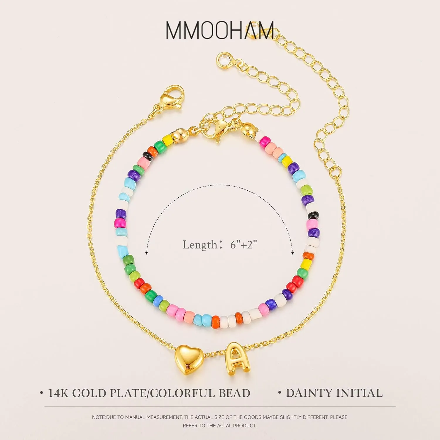 M MOOHAM Layered Initial Bracelets for Women - Gold Heart Initial Bracelet for Women Colorful Beaded Bracelet 14K Gold Plated Layered Bracelets Small Dainty Jewelry