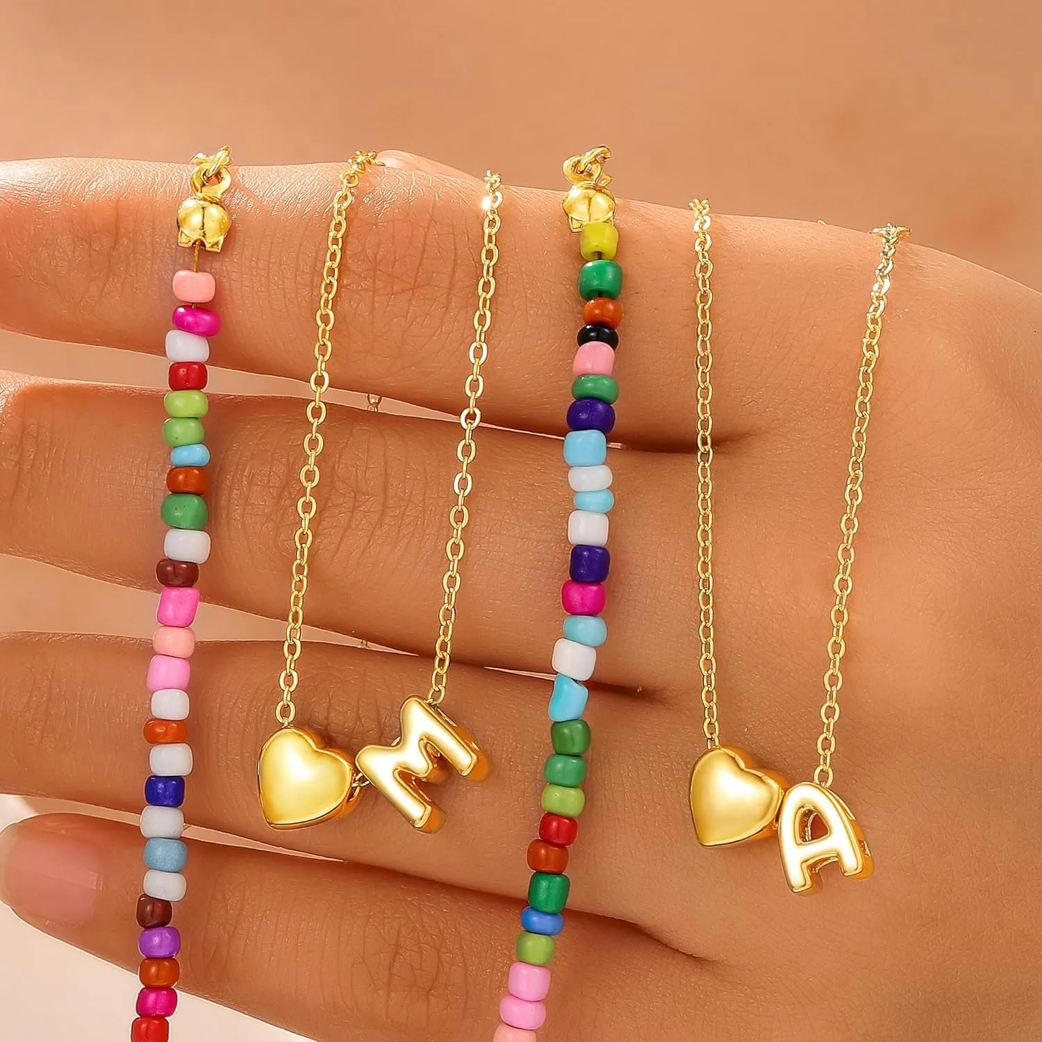 M MOOHAM Layered Initial Bracelets for Women - Gold Heart Initial Bracelet for Women Colorful Beaded Bracelet 14K Gold Plated Layered Bracelets Small Dainty Jewelry