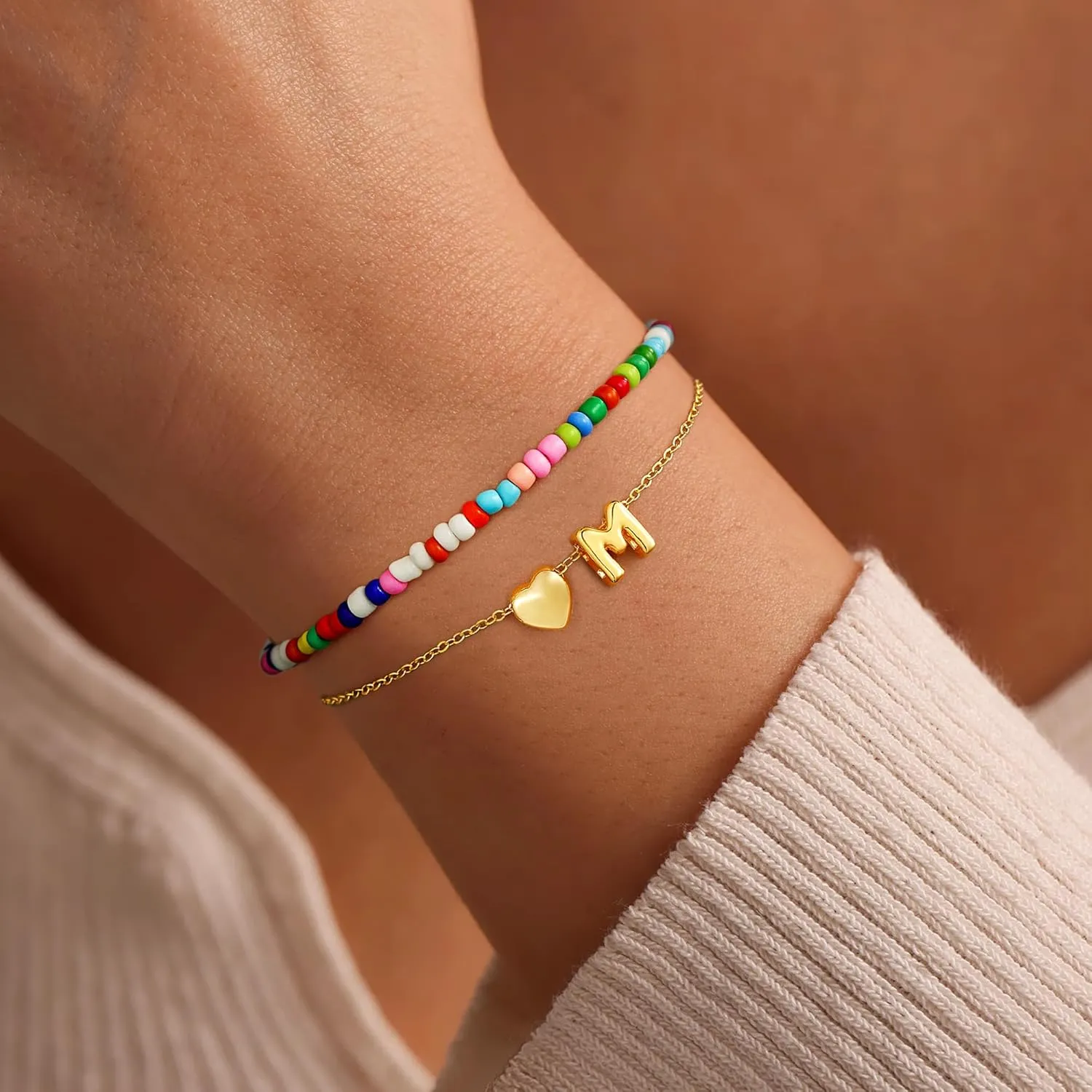 M MOOHAM Layered Initial Bracelets for Women - Gold Heart Initial Bracelet for Women Colorful Beaded Bracelet 14K Gold Plated Layered Bracelets Small Dainty Jewelry