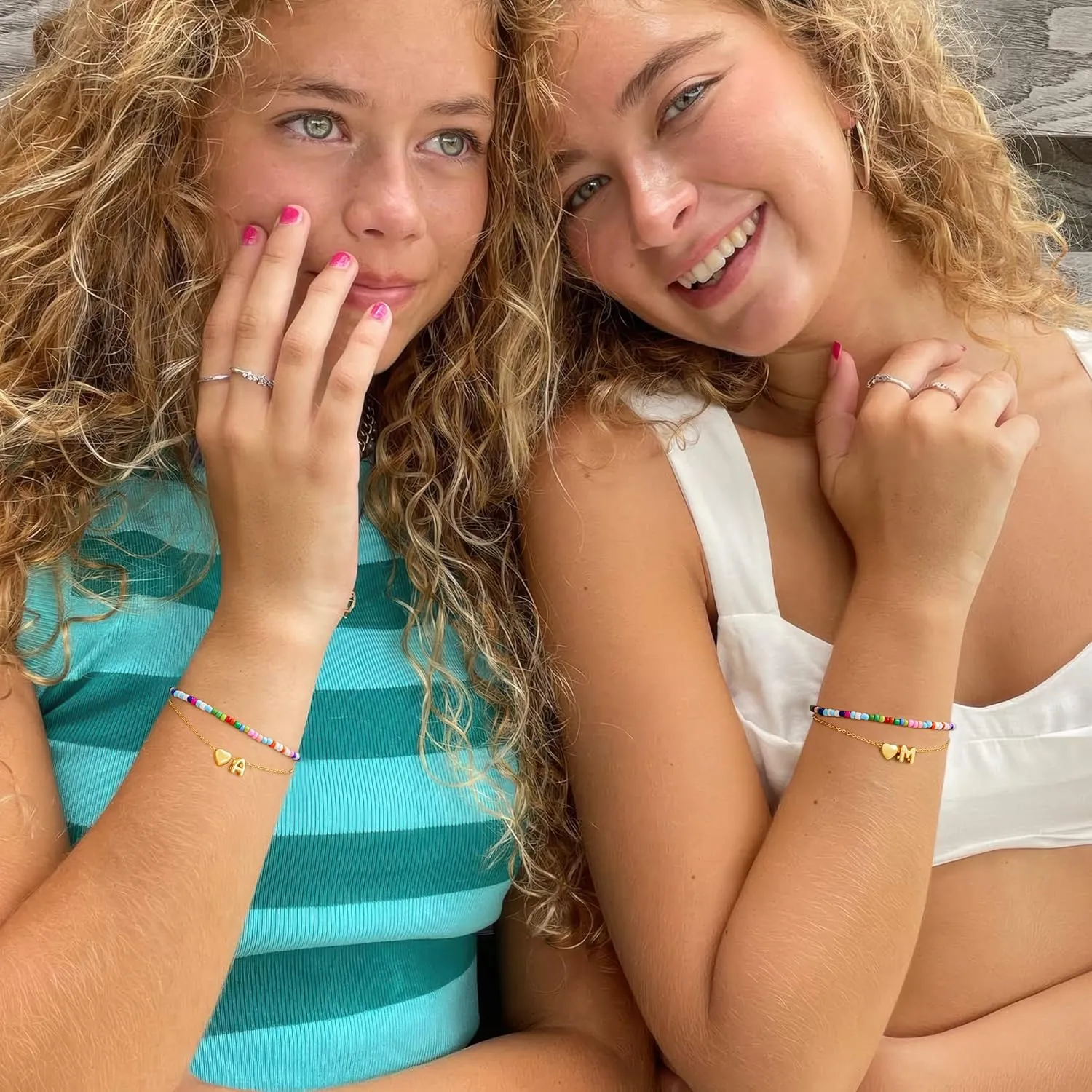 M MOOHAM Layered Initial Bracelets for Women - Gold Heart Initial Bracelet for Women Colorful Beaded Bracelet 14K Gold Plated Layered Bracelets Small Dainty Jewelry