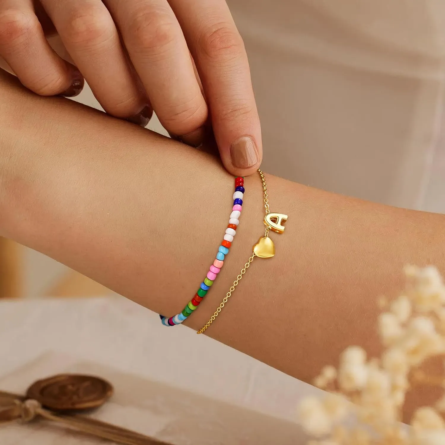 M MOOHAM Layered Initial Bracelets for Women - Gold Heart Initial Bracelet for Women Colorful Beaded Bracelet 14K Gold Plated Layered Bracelets Small Dainty Jewelry