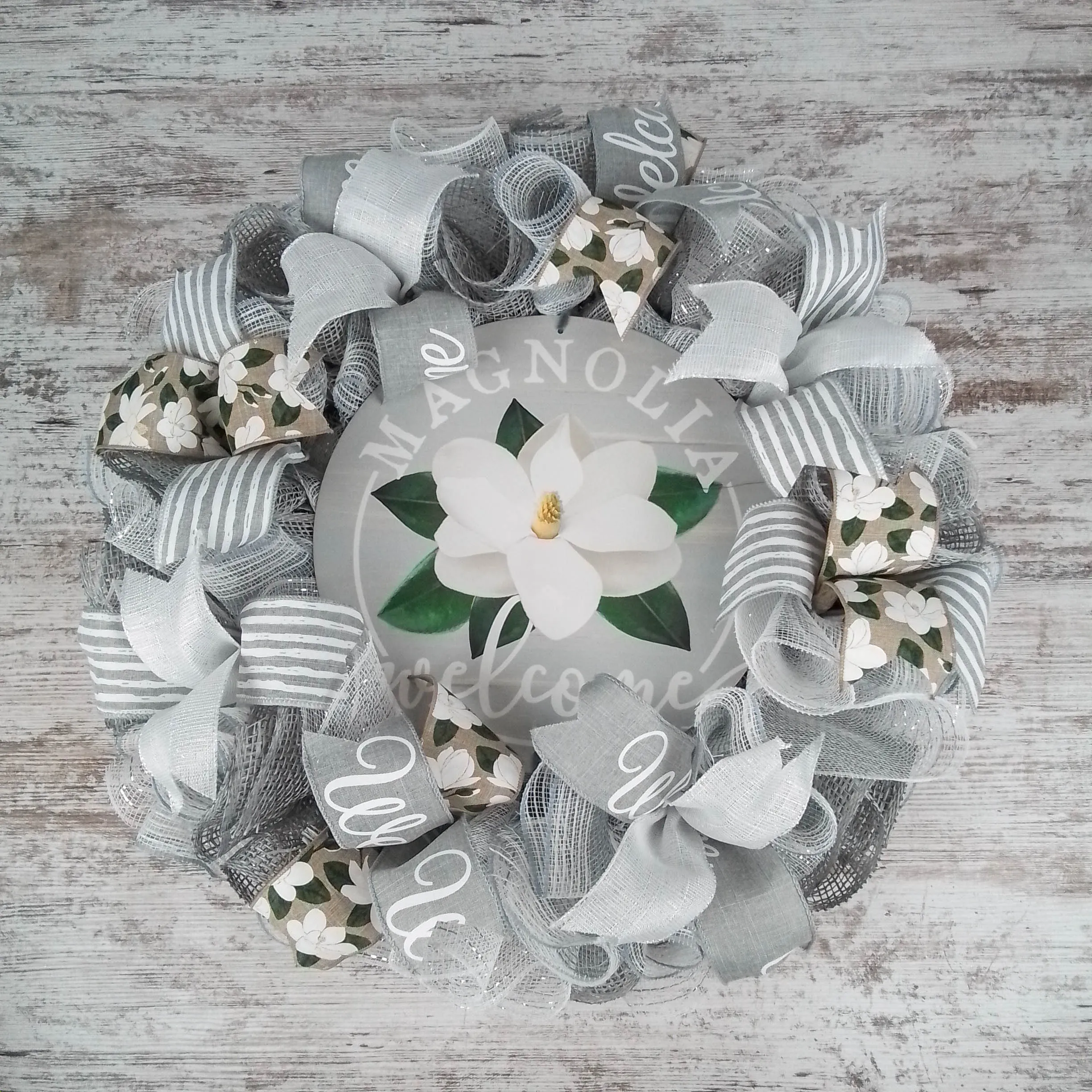 Magnolia Welcome Wreath - Grey White Spring Decor - Wedding Gift -