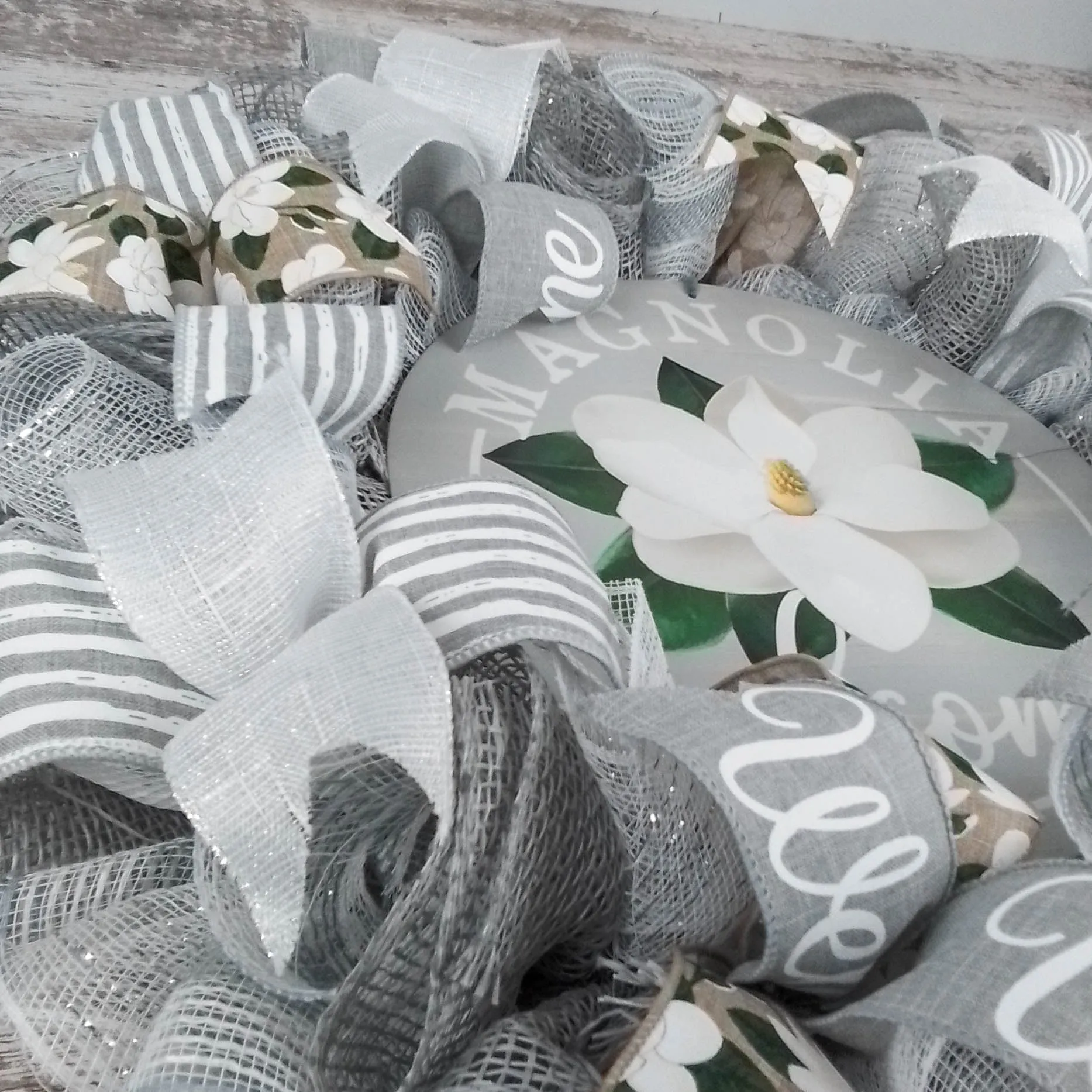 Magnolia Welcome Wreath - Grey White Spring Decor - Wedding Gift -