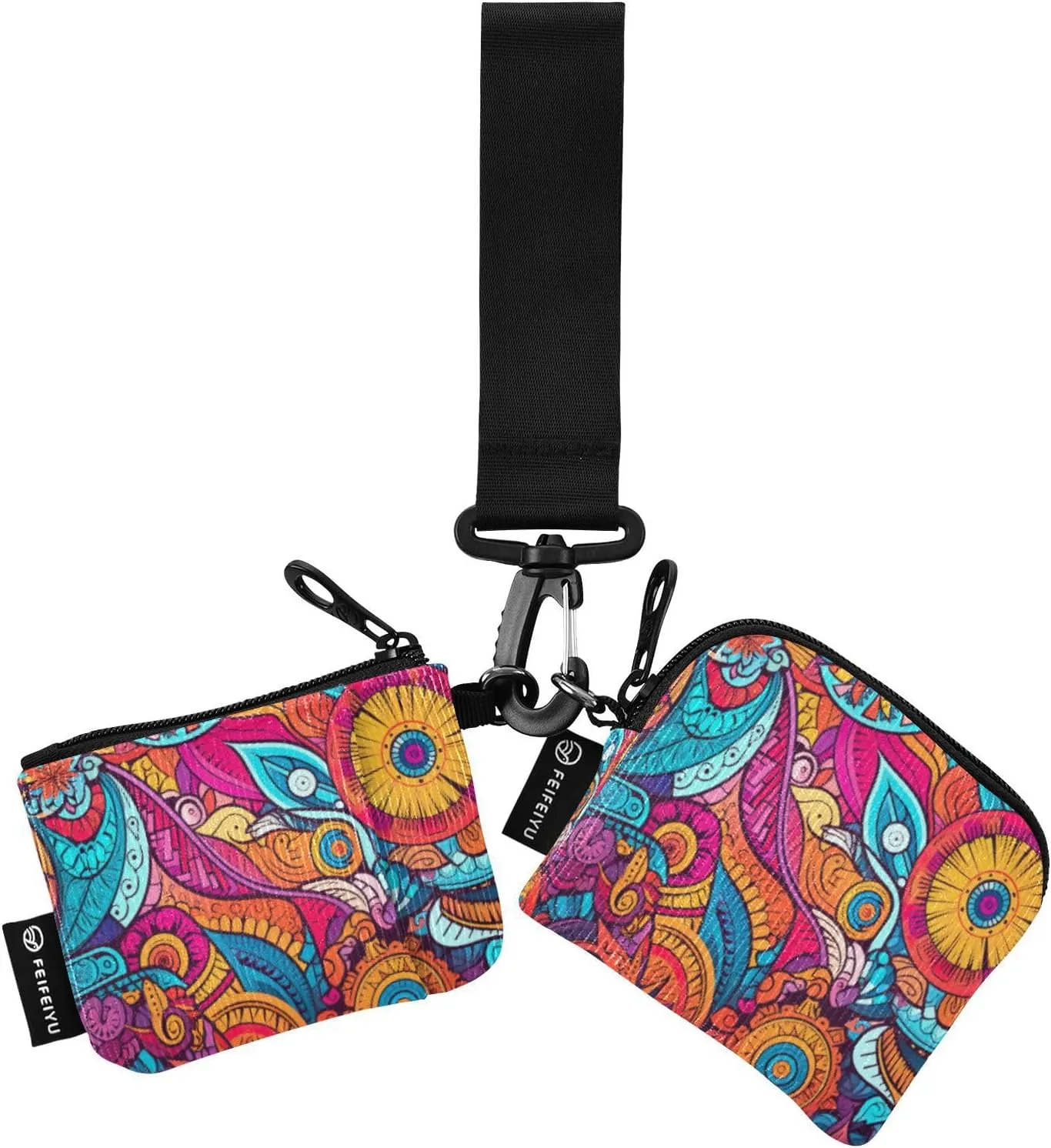 MCHIVER Flowers Geometric Shapes Dual Pouch Wristlet Portable Keychain Wallet Detachable Coin Purse Pouch with Zipper Keychain Purse for Men Women
