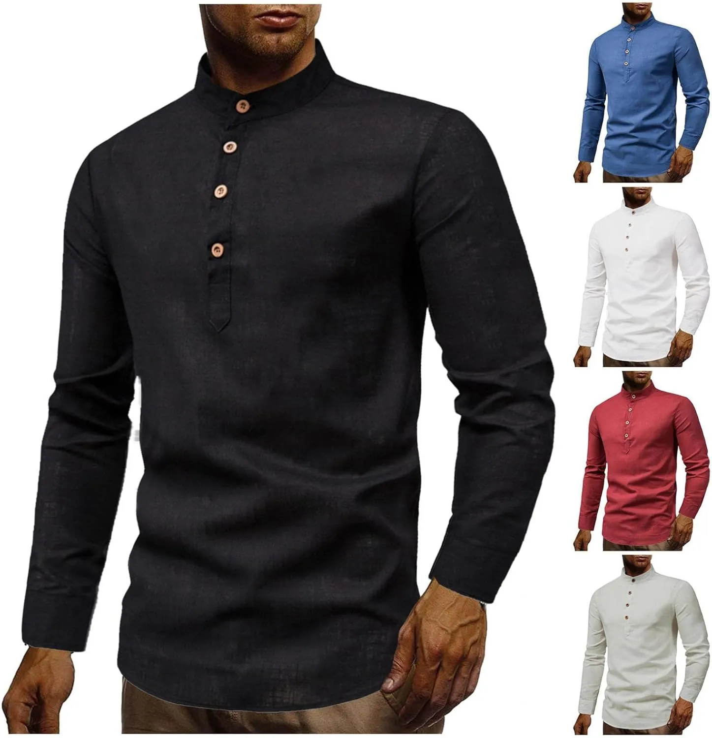 Men Henley Neck Linen Shirts Casual Long Sleeve Hippie Band Collar Plain Tee Tops Button Down Beach T Shirts