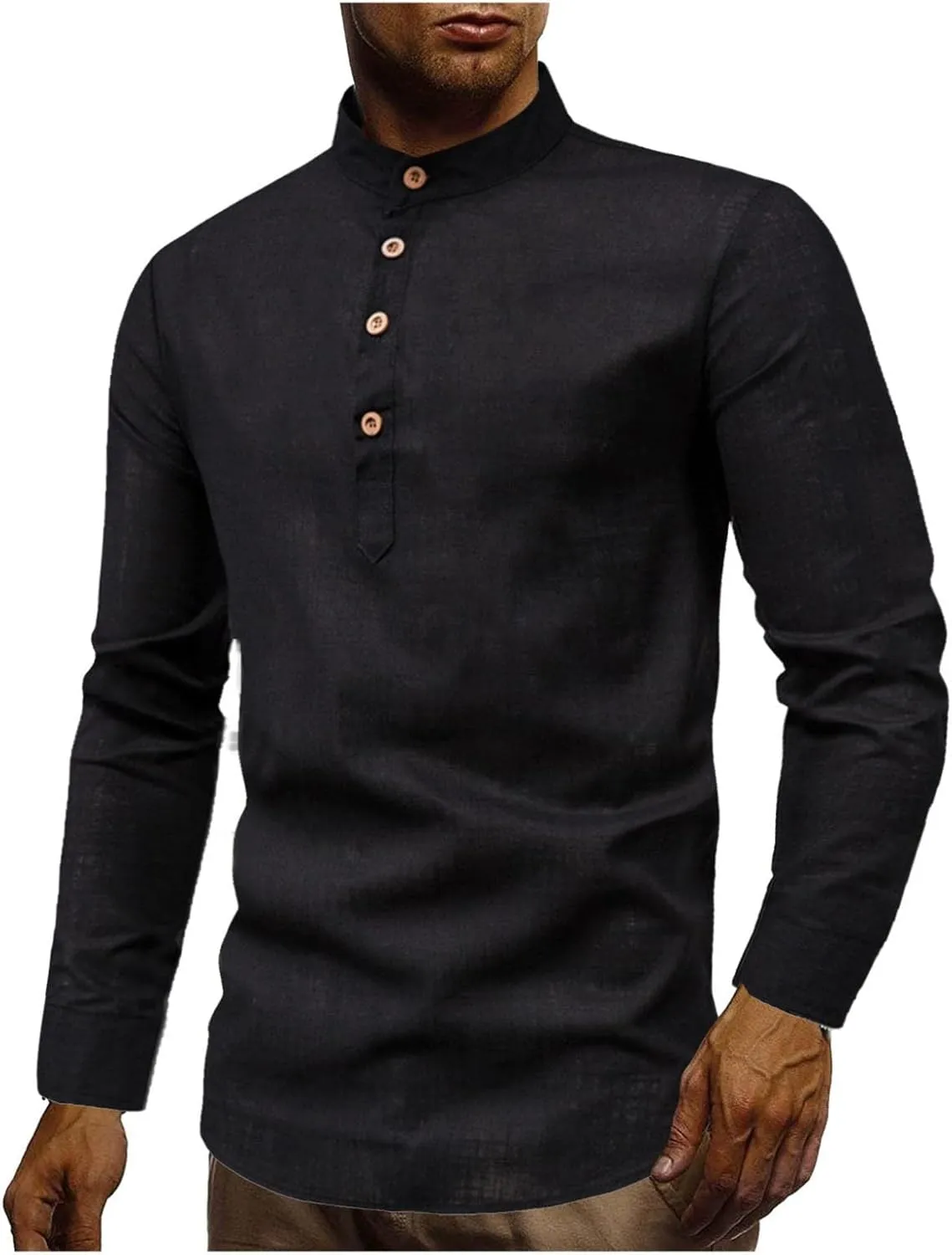 Men Henley Neck Linen Shirts Casual Long Sleeve Hippie Band Collar Plain Tee Tops Button Down Beach T Shirts
