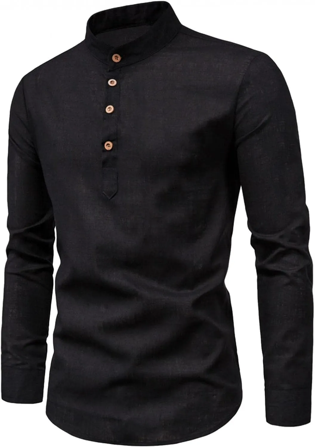 Men Henley Neck Linen Shirts Casual Long Sleeve Hippie Band Collar Plain Tee Tops Button Down Beach T Shirts