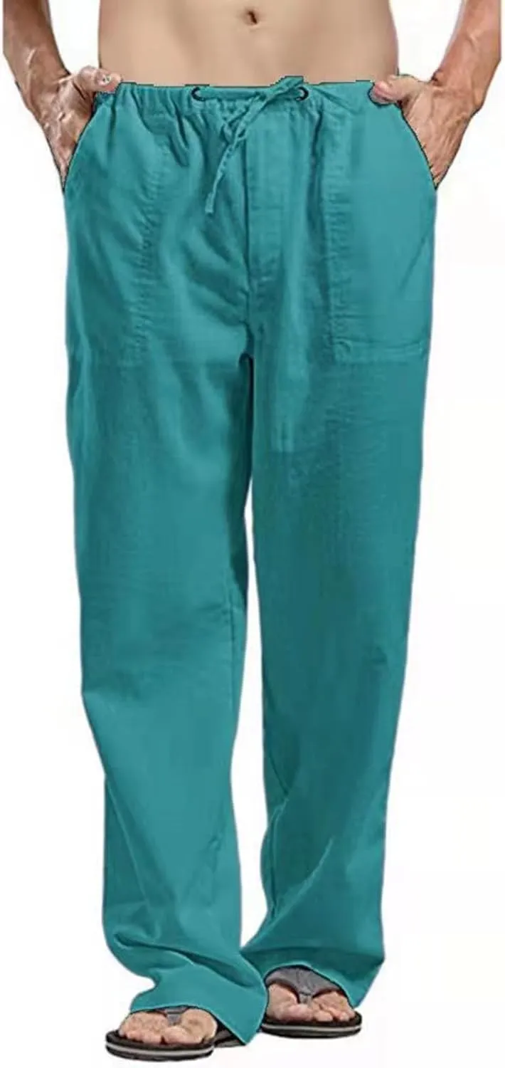 Men's Cotton Linen Breathable Cropped Sweatpants Lightweight Yoga Pants Chino Trousers with Elastic Waist and Drawstrings