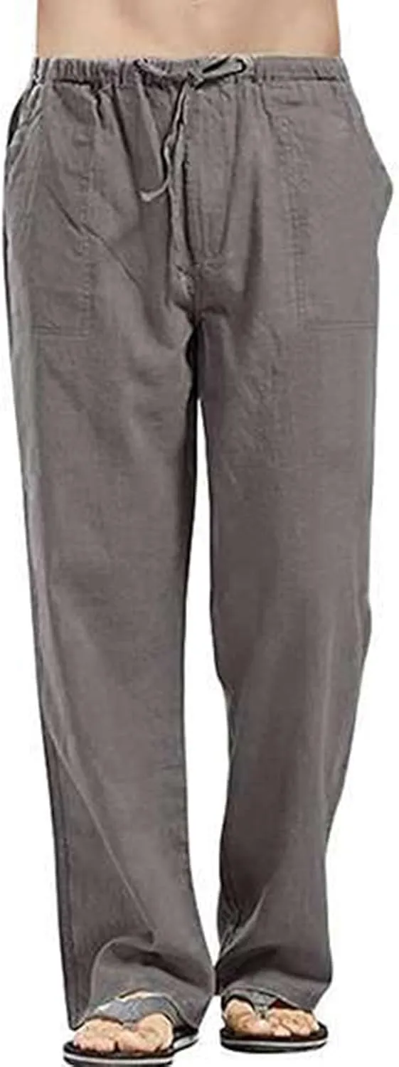 Men's Cotton Linen Breathable Cropped Sweatpants Lightweight Yoga Pants Chino Trousers with Elastic Waist and Drawstrings