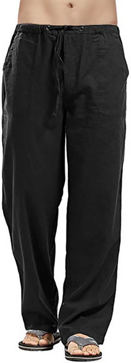 Men's Cotton Linen Breathable Cropped Sweatpants Lightweight Yoga Pants Chino Trousers with Elastic Waist and Drawstrings