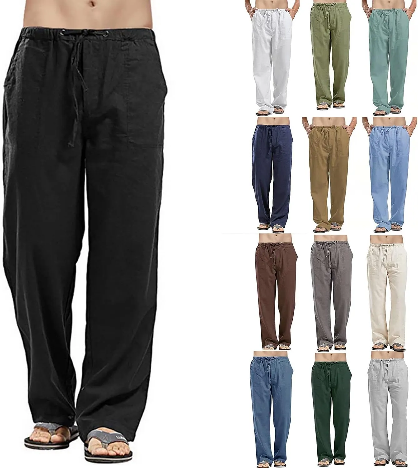 Men's Cotton Linen Breathable Cropped Sweatpants Lightweight Yoga Pants Chino Trousers with Elastic Waist and Drawstrings
