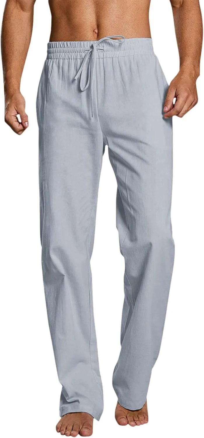 Mens Cotton Linen Casual Pants Drawstrings Elastic Waist Jogging Yoga Slacks for Men 2024 Ropa para Playa Hombre