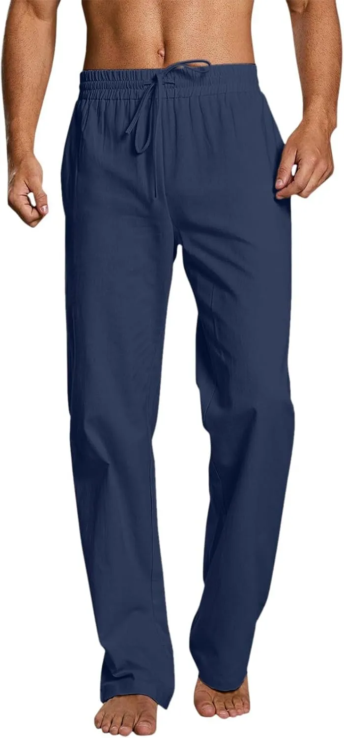 Mens Cotton Linen Casual Pants Drawstrings Elastic Waist Jogging Yoga Slacks for Men 2024 Ropa para Playa Hombre