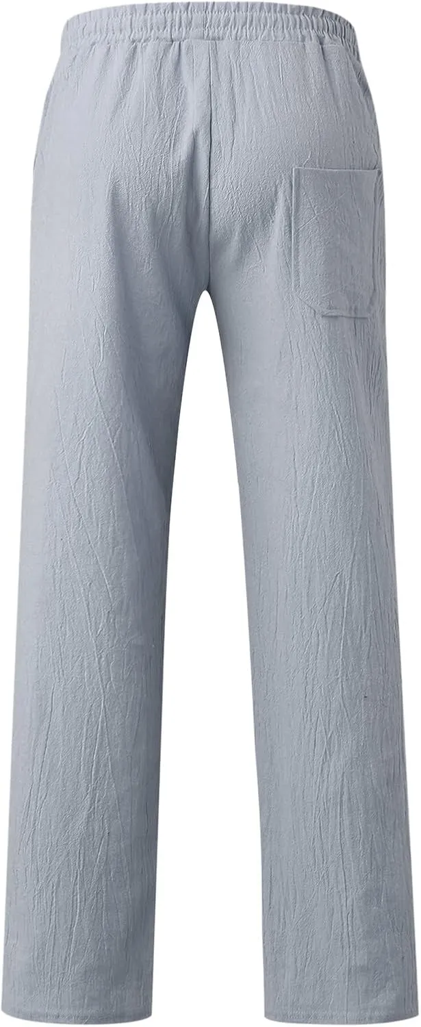 Mens Cotton Linen Casual Pants Drawstrings Elastic Waist Jogging Yoga Slacks for Men 2024 Ropa para Playa Hombre