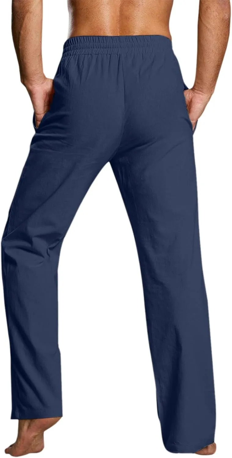 Mens Cotton Linen Casual Pants Drawstrings Elastic Waist Jogging Yoga Slacks for Men 2024 Ropa para Playa Hombre