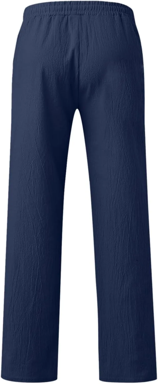 Mens Cotton Linen Casual Pants Drawstrings Elastic Waist Jogging Yoga Slacks for Men 2024 Ropa para Playa Hombre