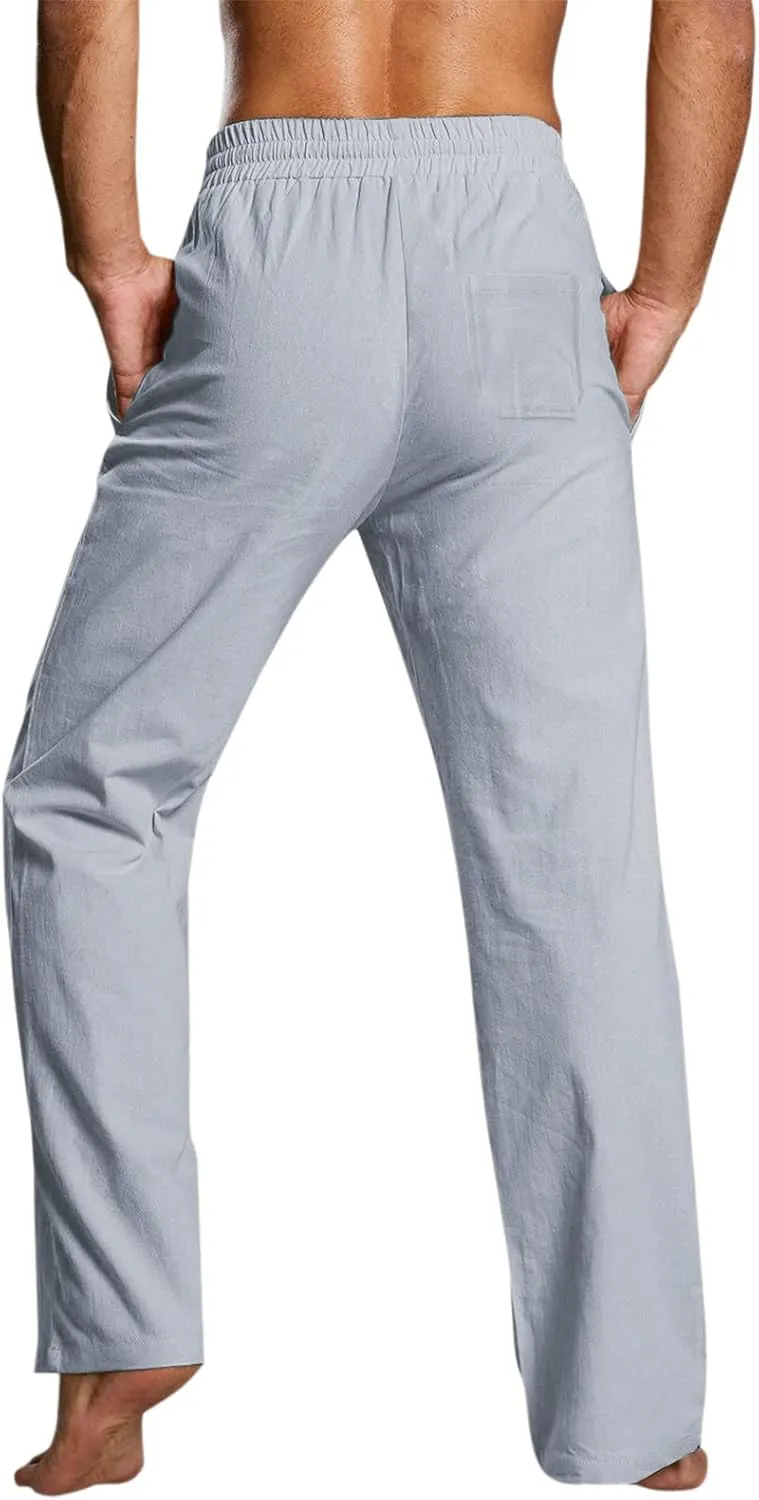 Mens Cotton Linen Casual Pants Drawstrings Elastic Waist Jogging Yoga Slacks for Men 2024 Ropa para Playa Hombre
