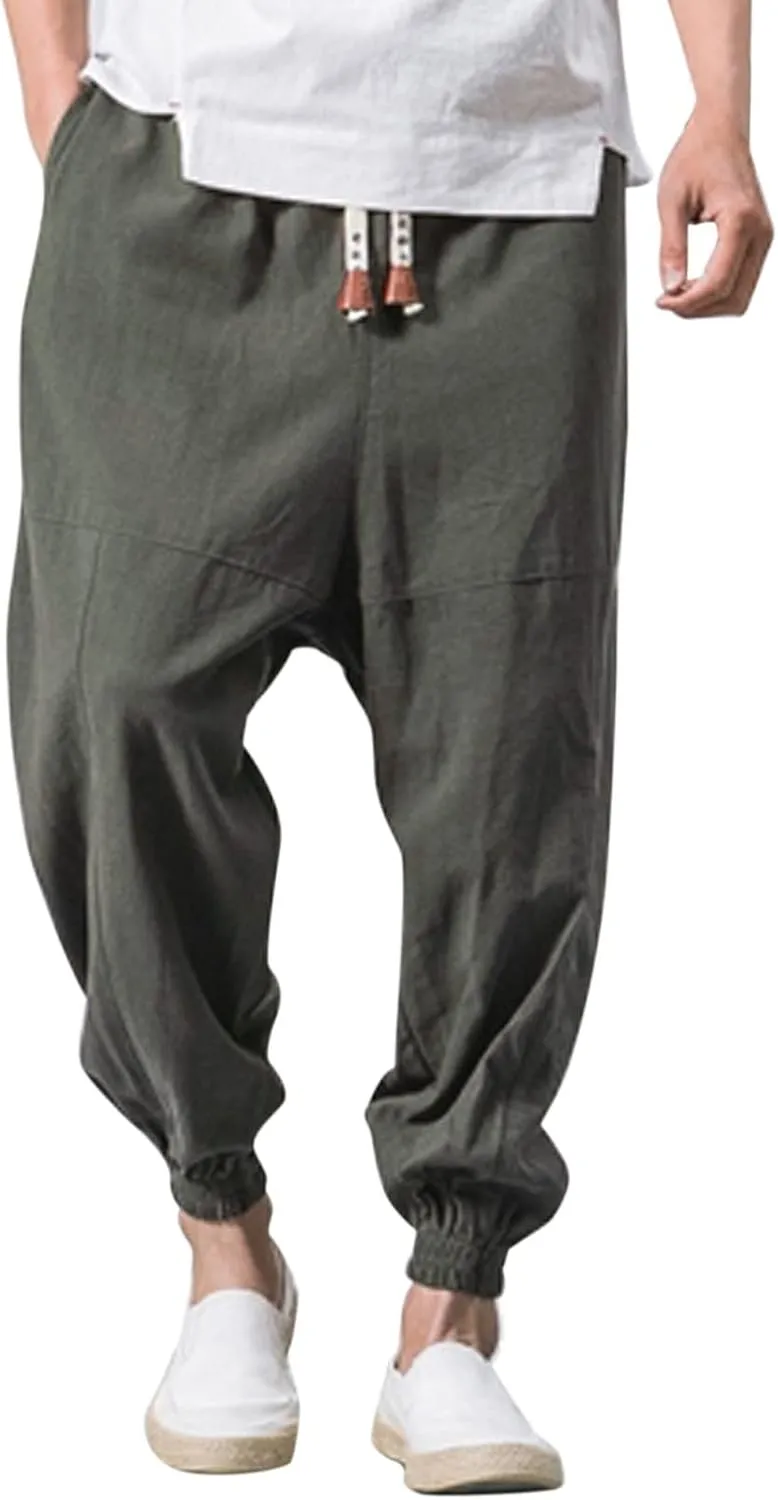 Mens Cotton Linen Harem Pants Drawstrings Elastic Waist Yoga Beach Pants for Men Wide Leg Baggy Hippie Aladdin Trousers