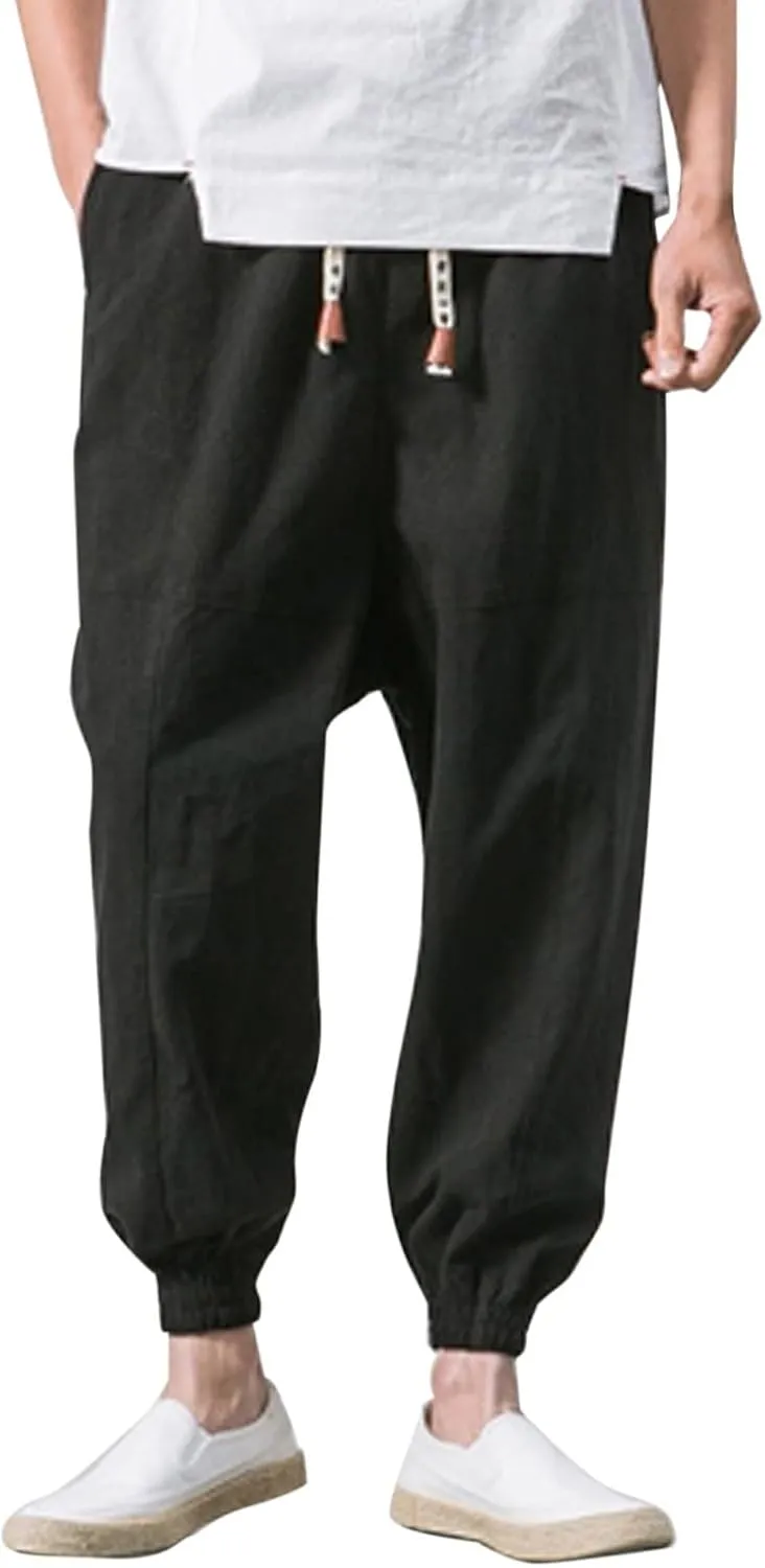 Mens Cotton Linen Harem Pants Drawstrings Elastic Waist Yoga Beach Pants for Men Wide Leg Baggy Hippie Aladdin Trousers
