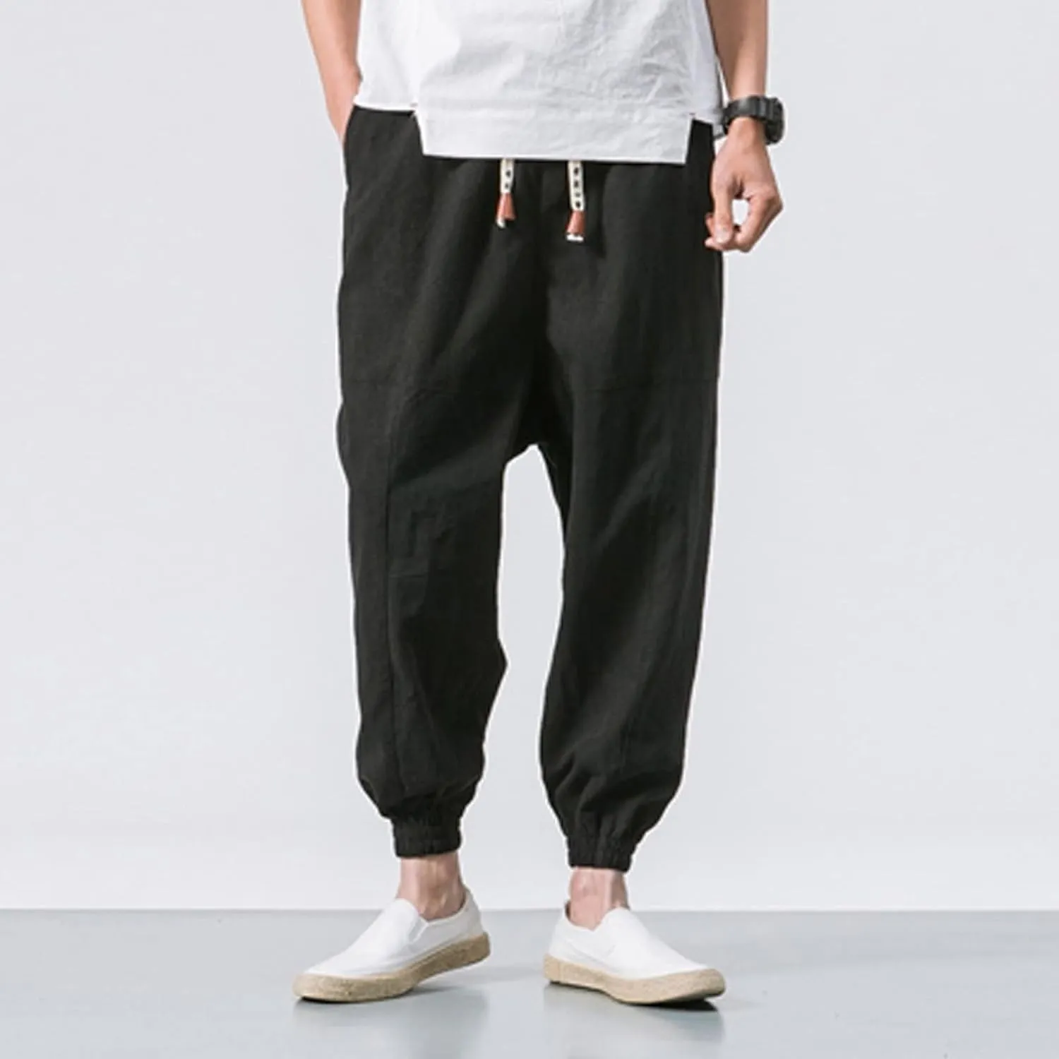 Mens Cotton Linen Harem Pants Drawstrings Elastic Waist Yoga Beach Pants for Men Wide Leg Baggy Hippie Aladdin Trousers