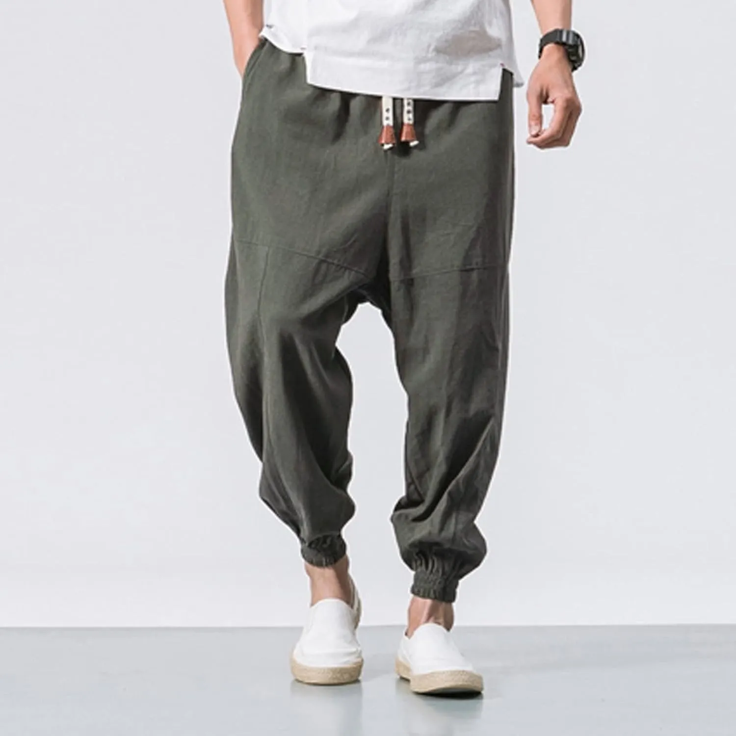 Mens Cotton Linen Harem Pants Drawstrings Elastic Waist Yoga Beach Pants for Men Wide Leg Baggy Hippie Aladdin Trousers