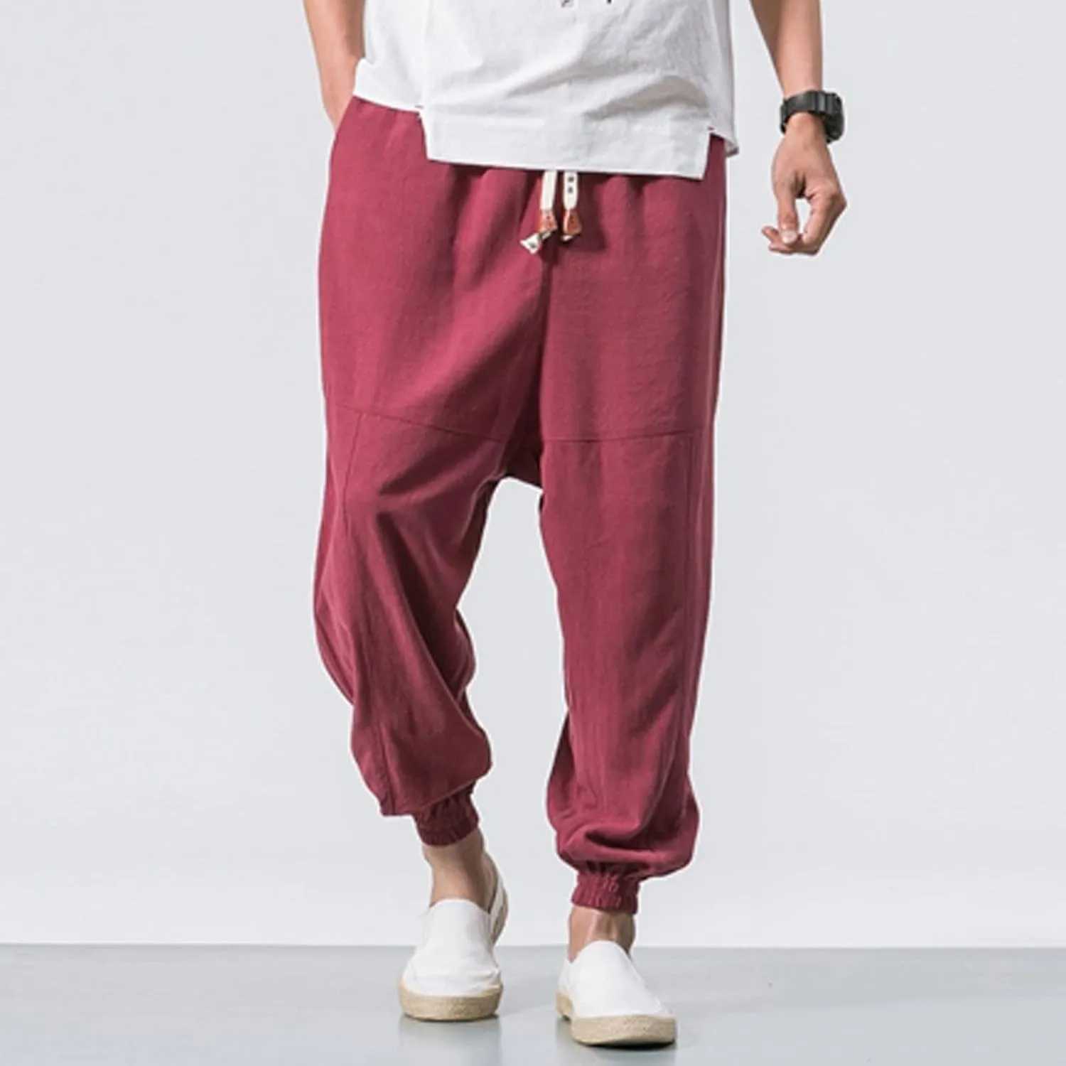 Mens Cotton Linen Harem Pants Drawstrings Elastic Waist Yoga Beach Pants for Men Wide Leg Baggy Hippie Aladdin Trousers