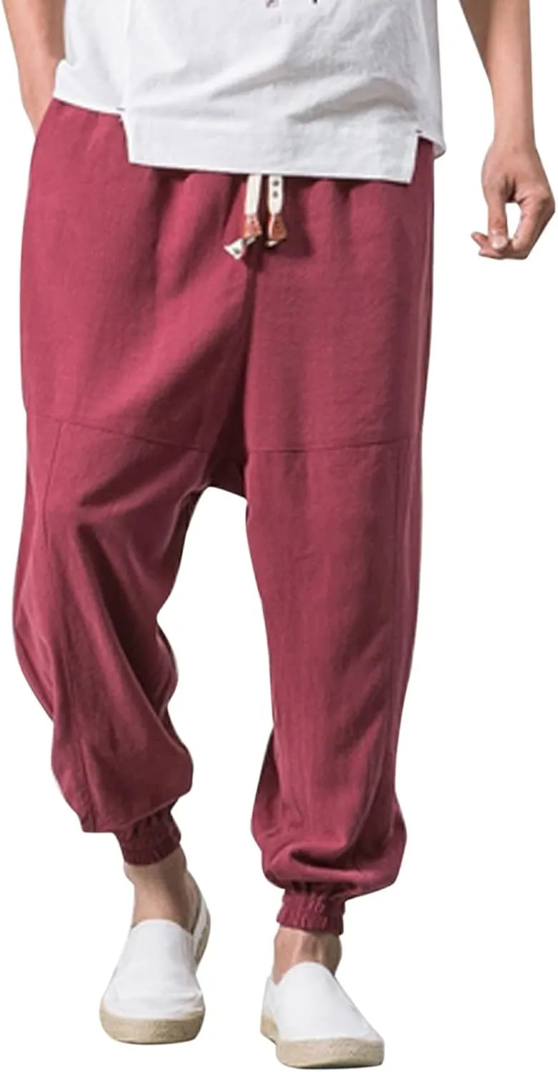 Mens Cotton Linen Harem Pants Drawstrings Elastic Waist Yoga Beach Pants for Men Wide Leg Baggy Hippie Aladdin Trousers