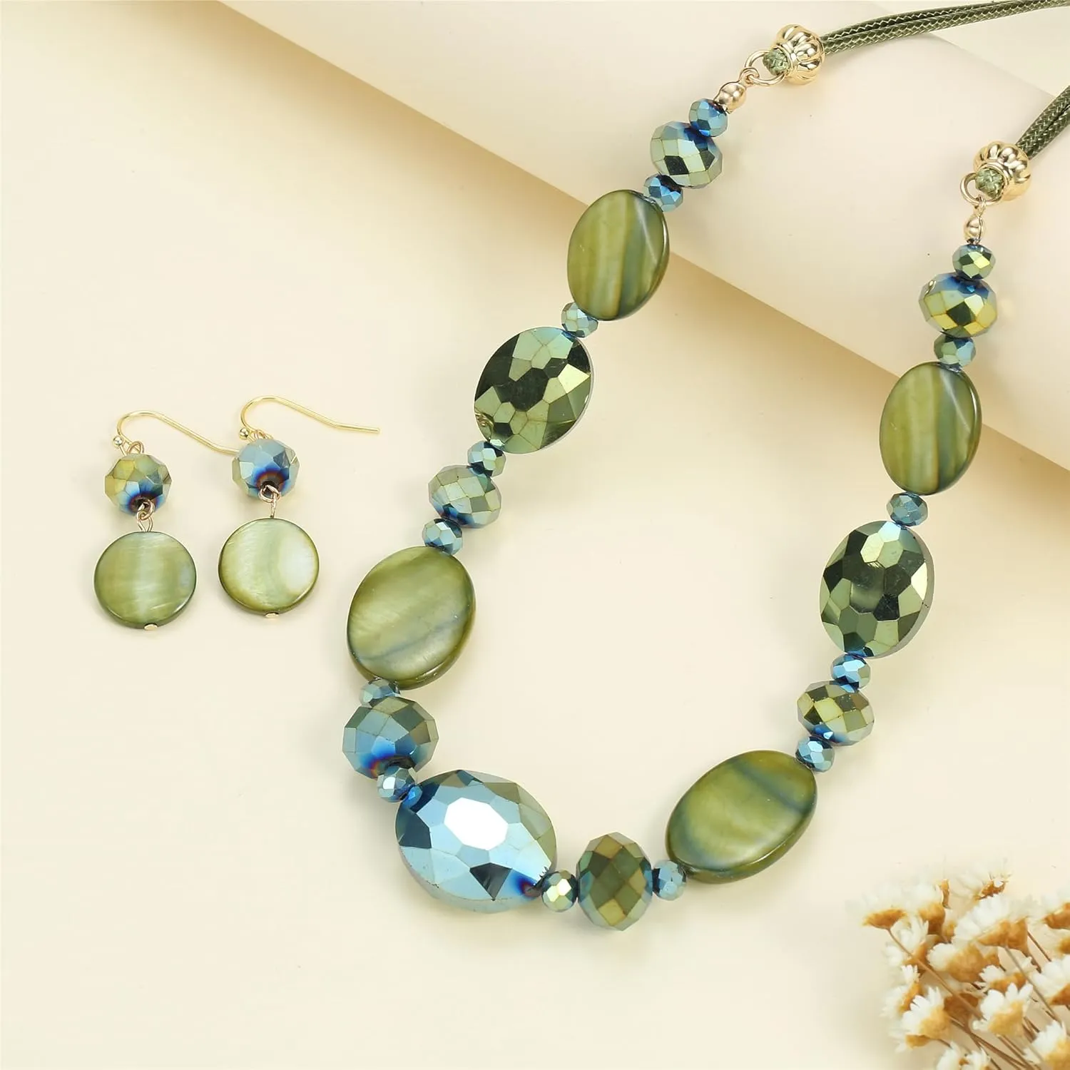 Multi Color Beaded Statement Necklace and Earrings for women Shiny Crystal Stone Beads Choker