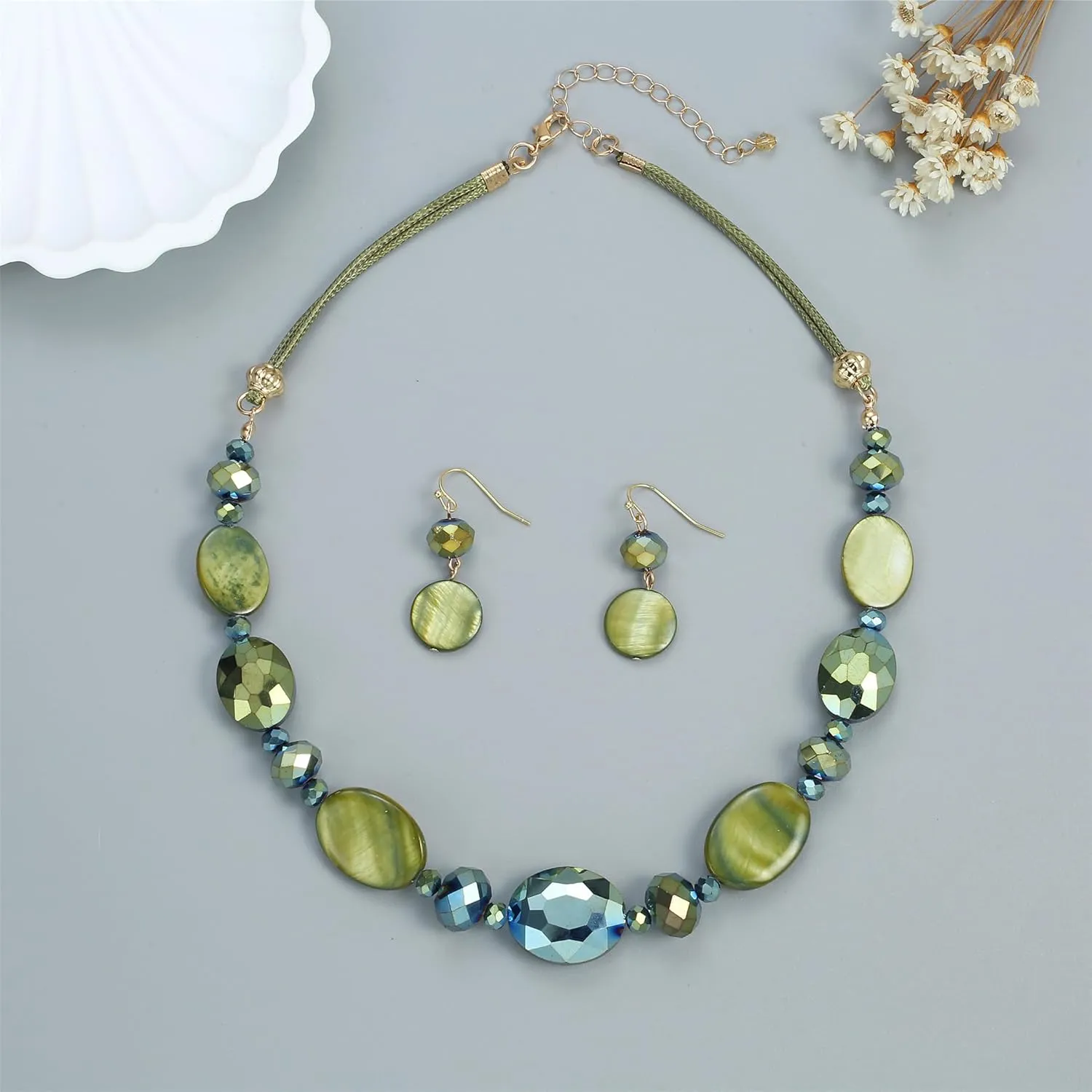Multi Color Beaded Statement Necklace and Earrings for women Shiny Crystal Stone Beads Choker