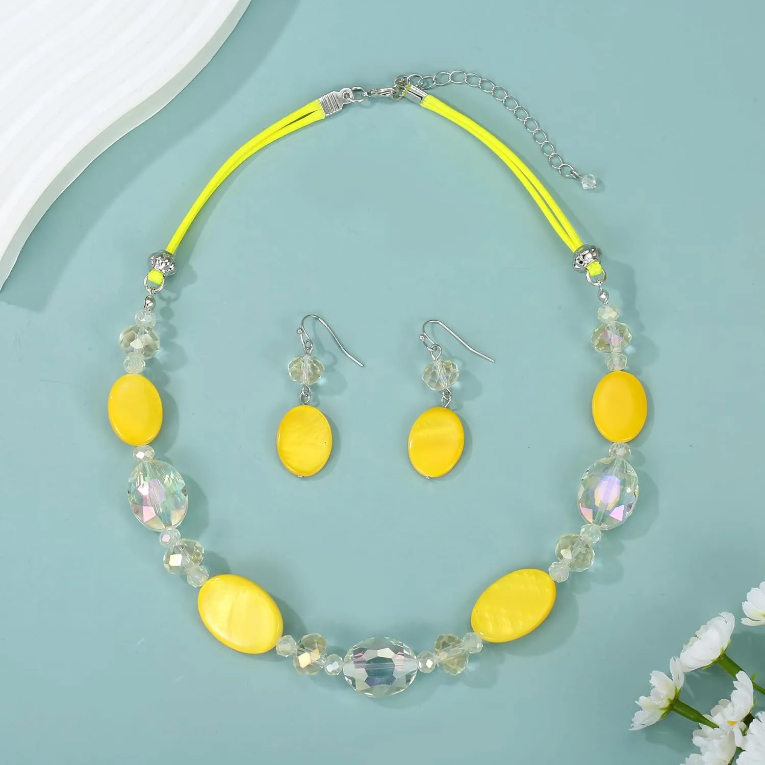 Multi Color Beaded Statement Necklace and Earrings for women Shiny Crystal Stone Beads Choker