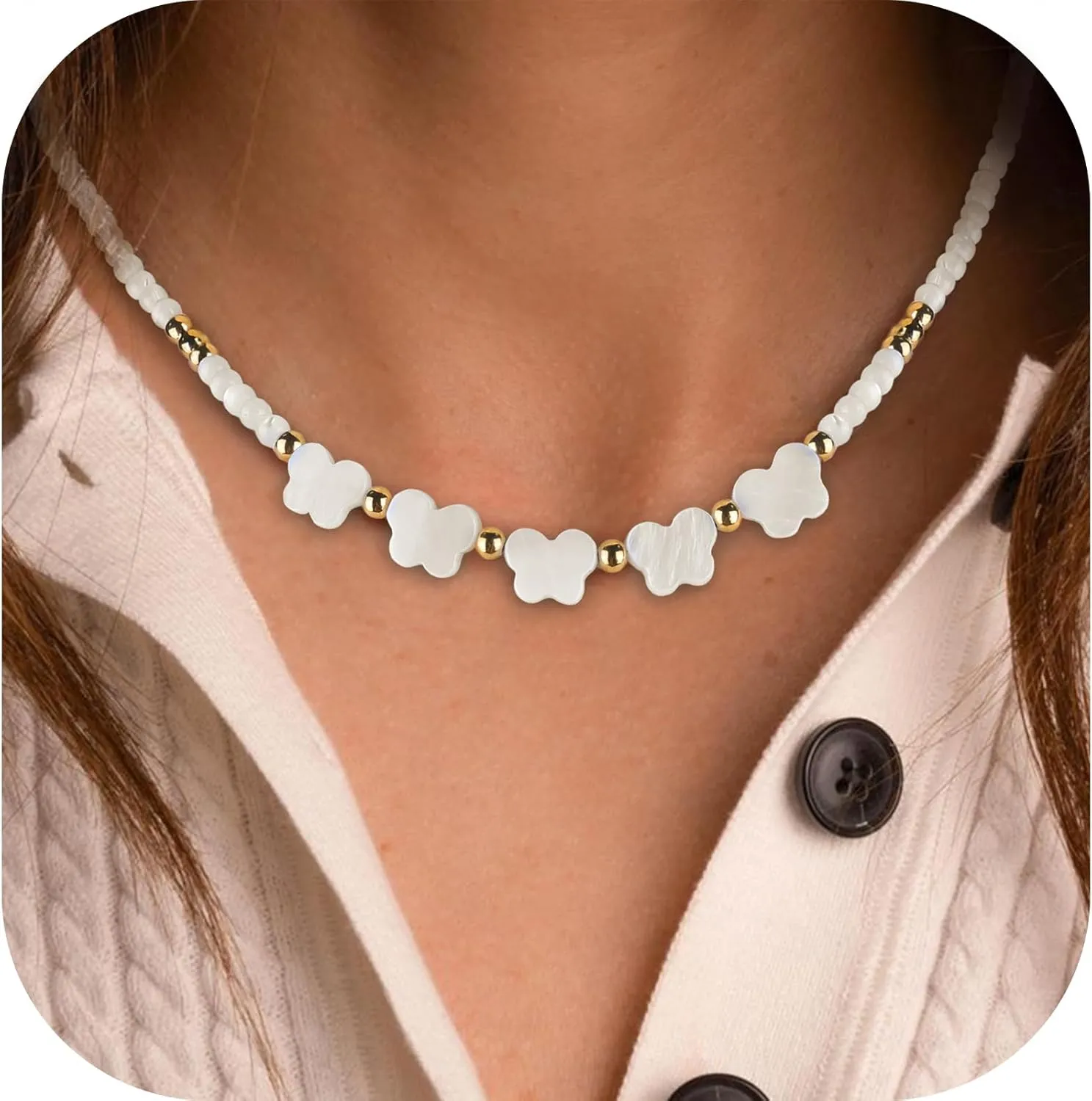 Necklace for Women Mother of Pearl Necklaces Trendy Beaded Choker for Women 14K Gold Plated Jewelry Gifts for Women Mon Daughter Birthday Gifts Handmade Puka shell necklace
