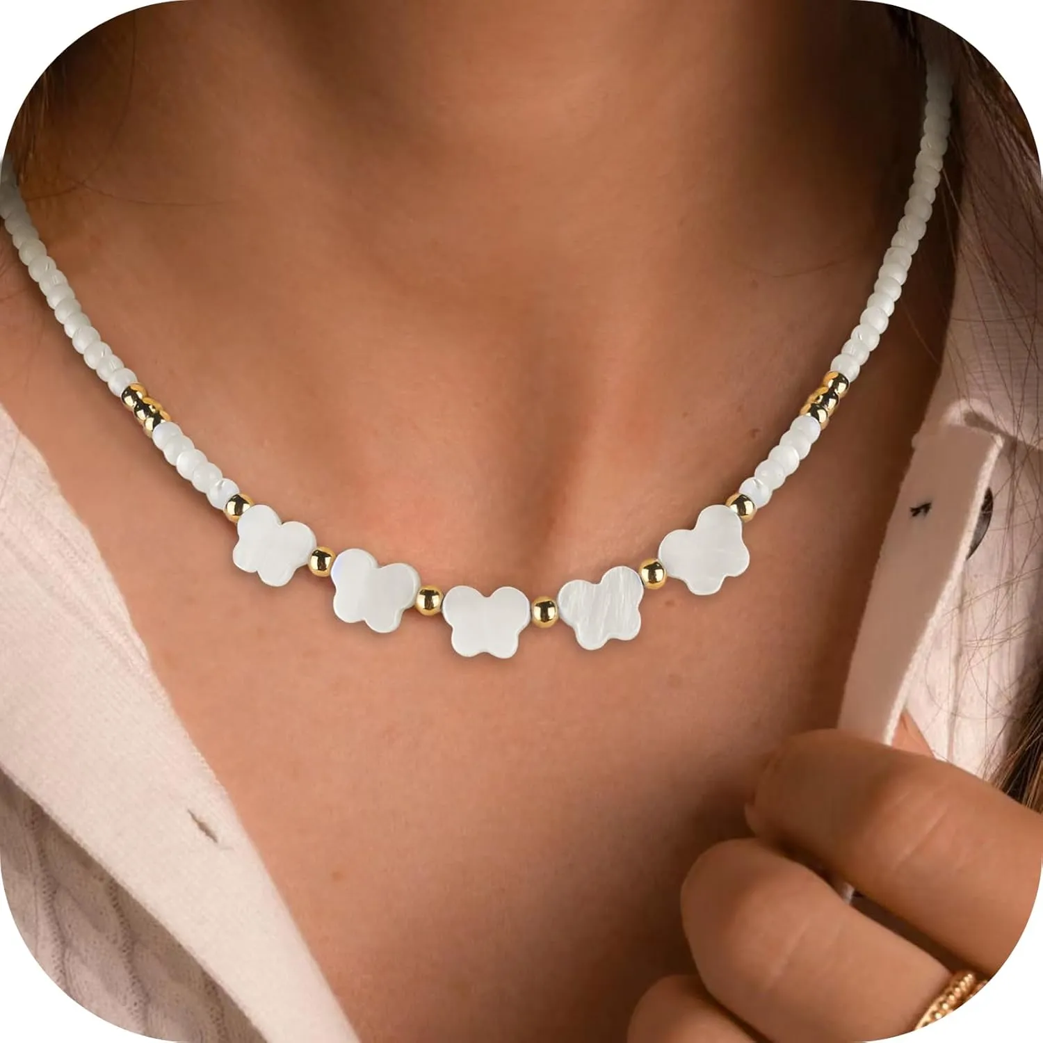 Necklace for Women Mother of Pearl Necklaces Trendy Beaded Choker for Women 14K Gold Plated Jewelry Gifts for Women Mon Daughter Birthday Gifts Handmade Puka shell necklace
