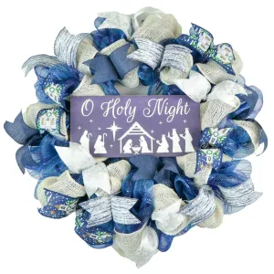 O Holy Night Jesus Christmas Wreath - Church Christian Religious Front Door Wreath - Navy Ivory White Burlap Farmhouse