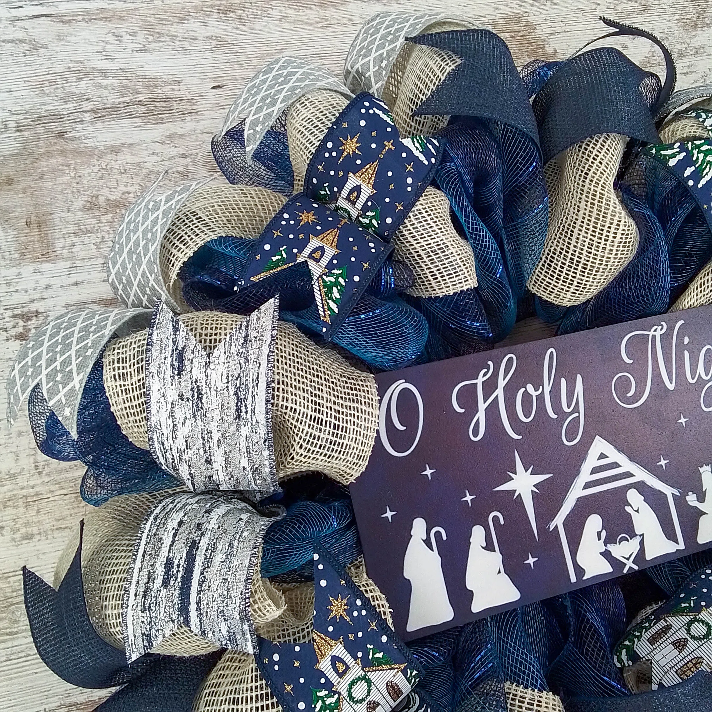O Holy Night Jesus Christmas Wreath - Church Christian Religious Front Door Wreath - Navy Ivory White Burlap Farmhouse